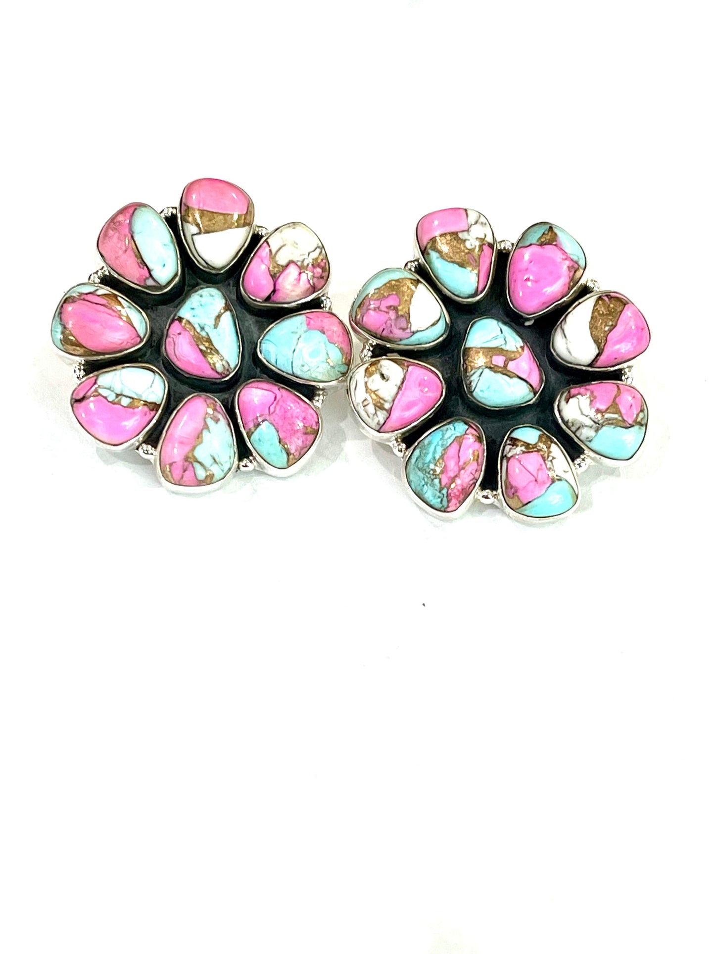 Handmade Sterling Silver Cotton Candy Turquoise Post Earrings with Signed Nizhoni