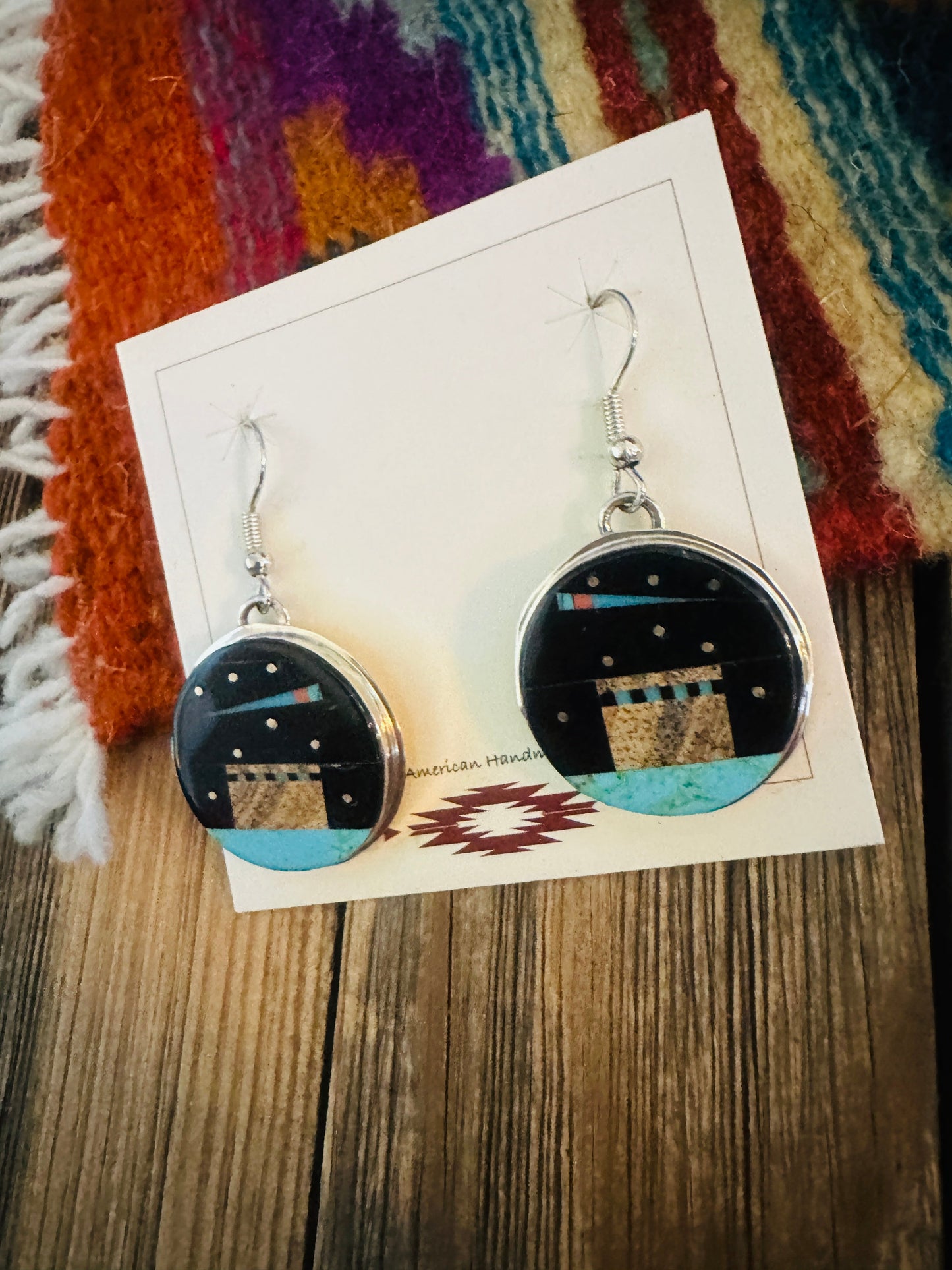 Handcrafted Sterling Silver & Multi Stone Pueblo Inlay Dangle Earrings