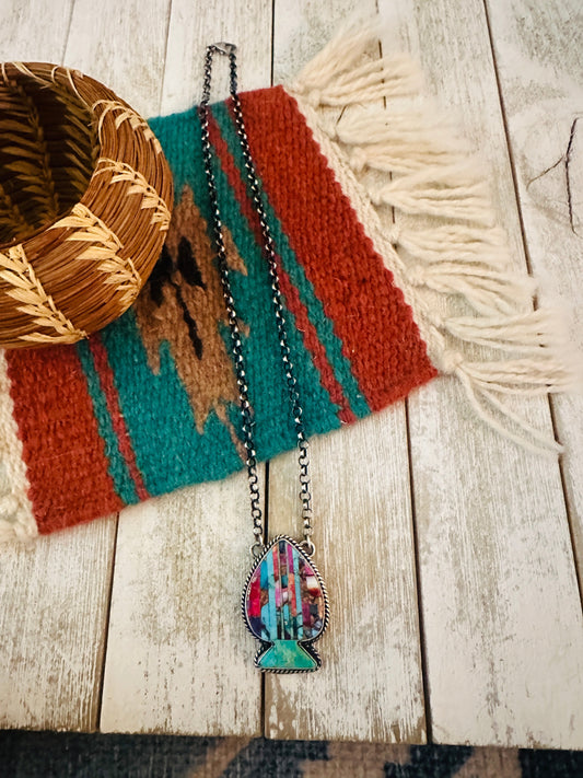 Handcrafted Sterling Silver & Multi Stone Inlay Spade Necklace