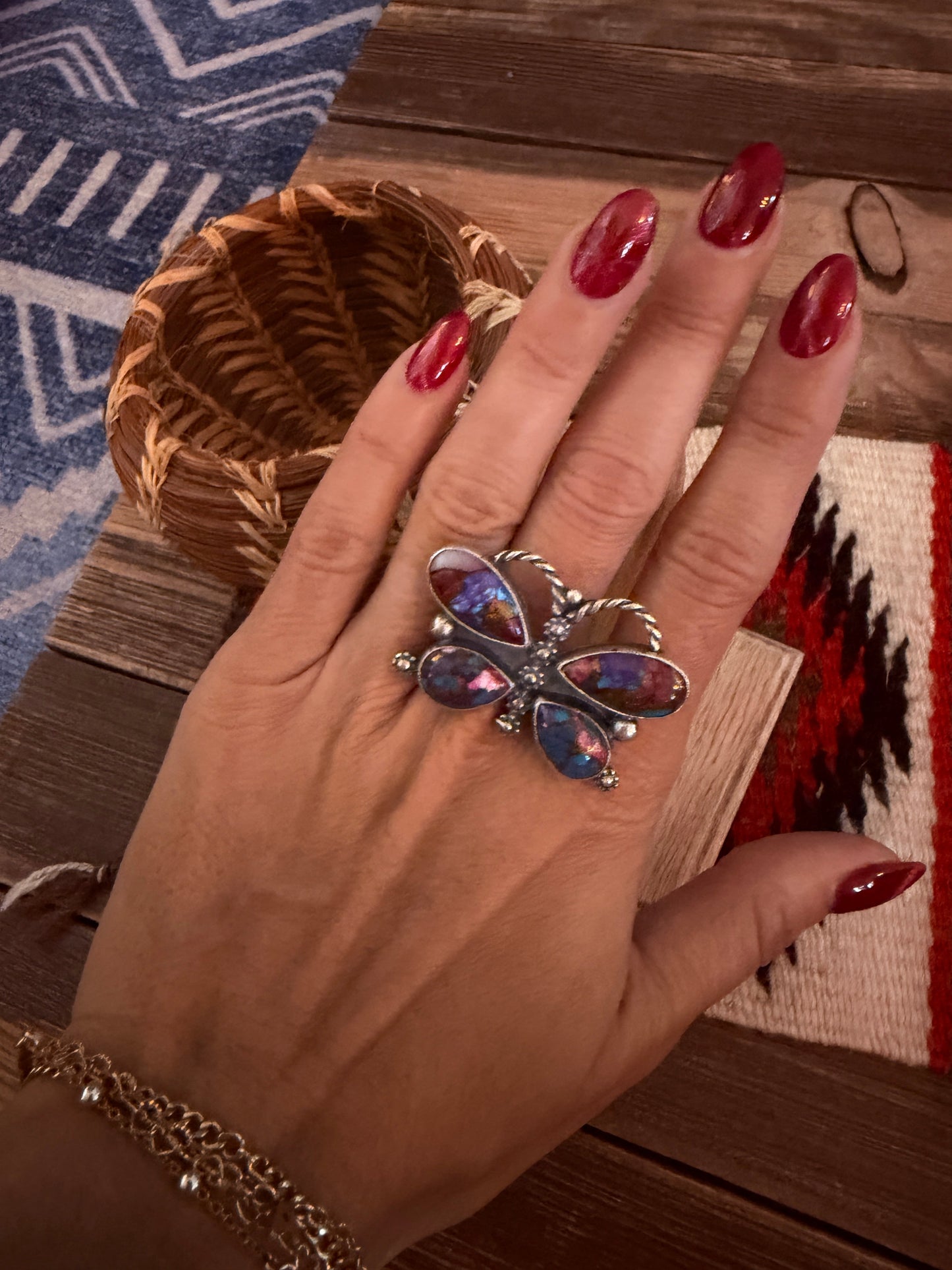 Handcrafted Pink Dream Mojave & Sterling Silver Adjustable Butterfly Ring