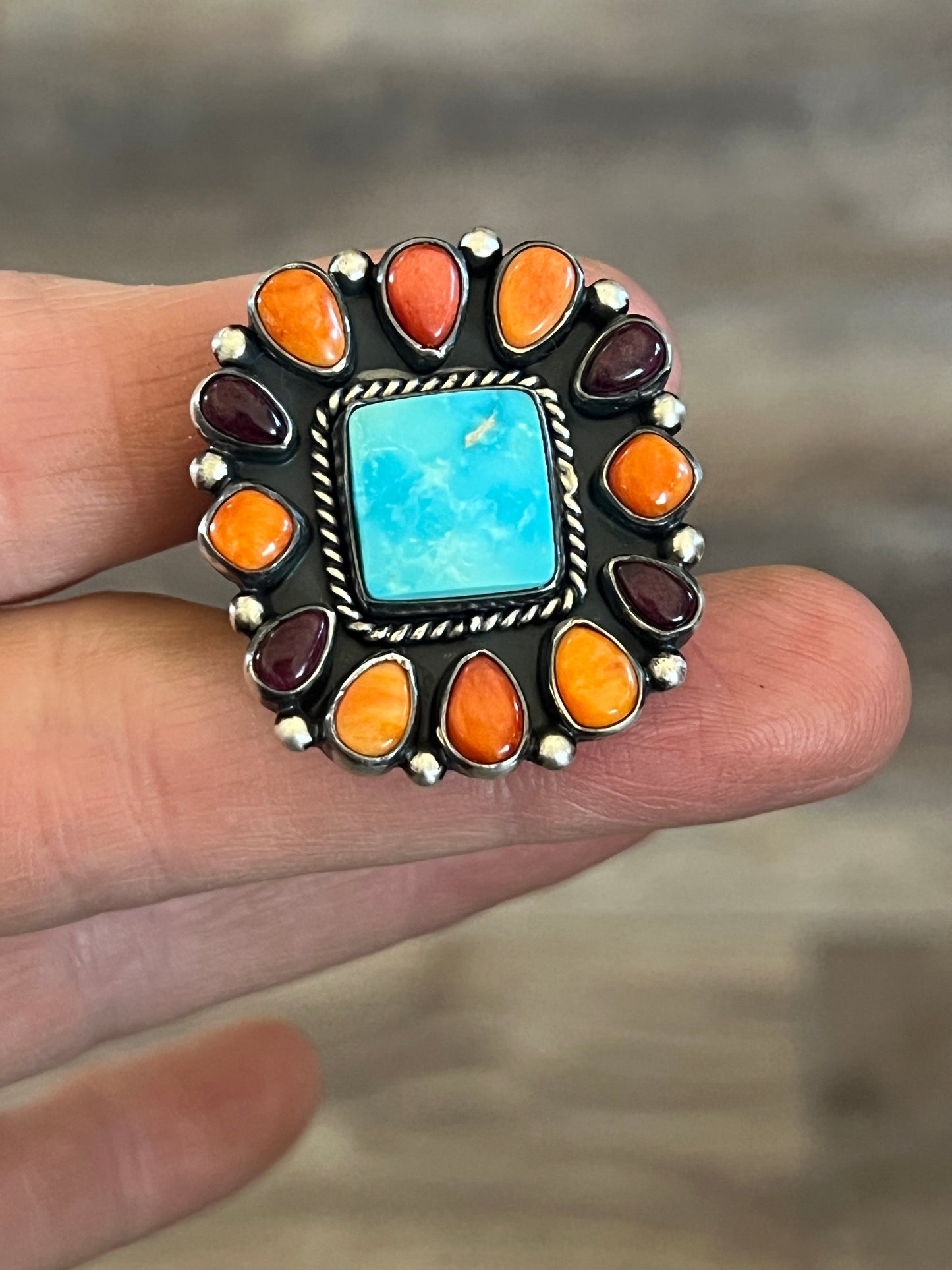 Handcrafted Electric Rainbow Turquoise and Spiny Oyster Ring by Angela Martin and Bernyse Chavez, Size 9