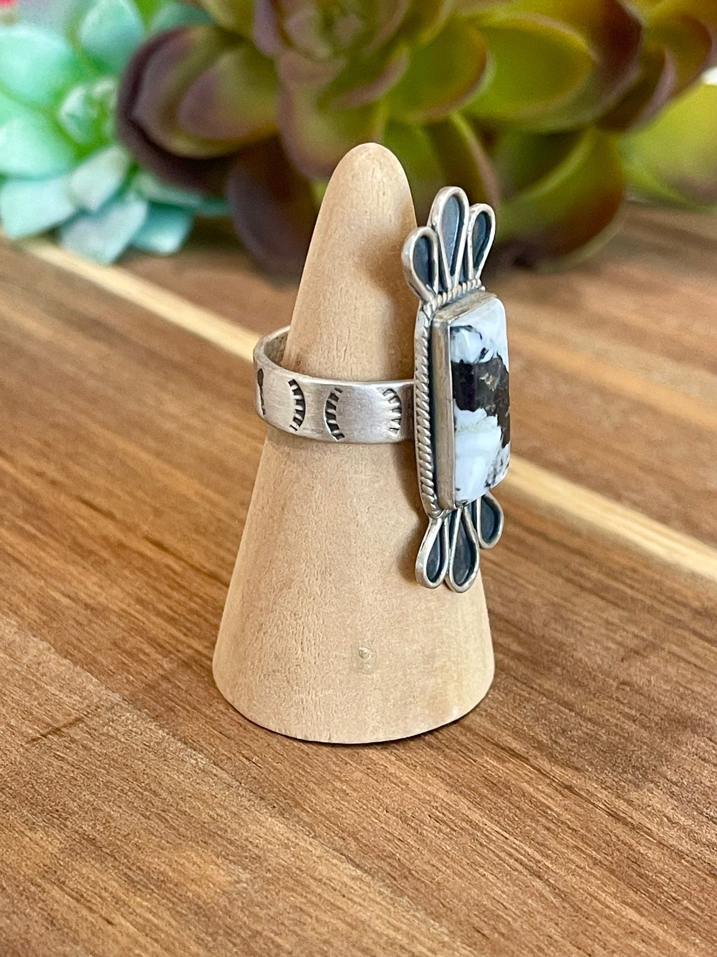 Beautiful Handmade White Buffalo And Sterling Silver Adjustable  Ring