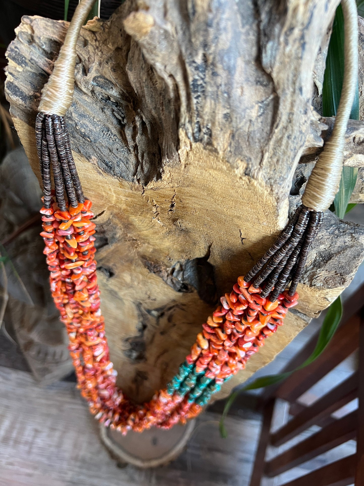 Gorgeous Handcrafted Made Eight Strand Spiny Oyster and Turquoise Beaded Squaw Wrap Necklace by Daniel Coriz