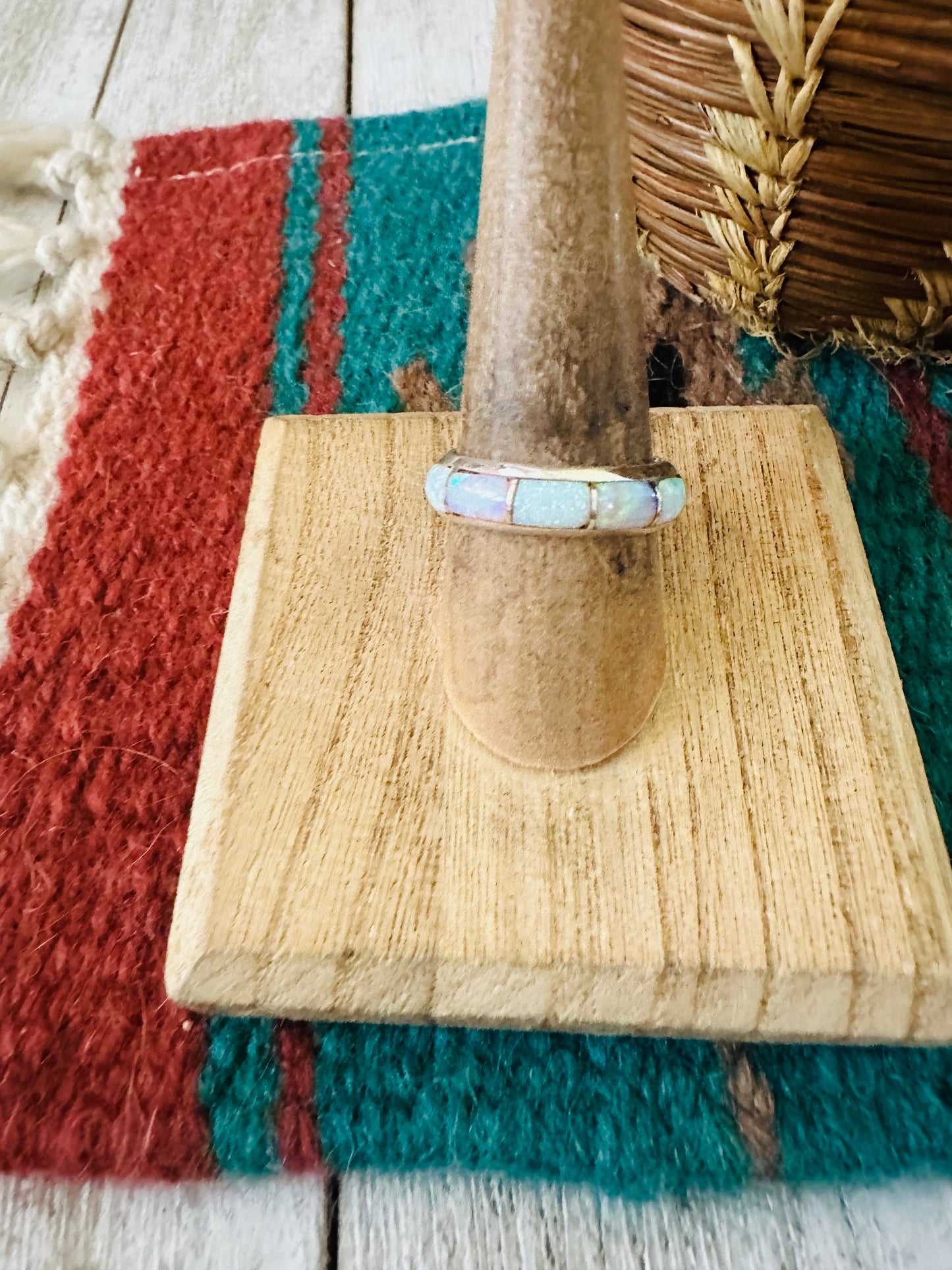 Handcrafted Sterling Silver & White Opal Inlay Band Ring