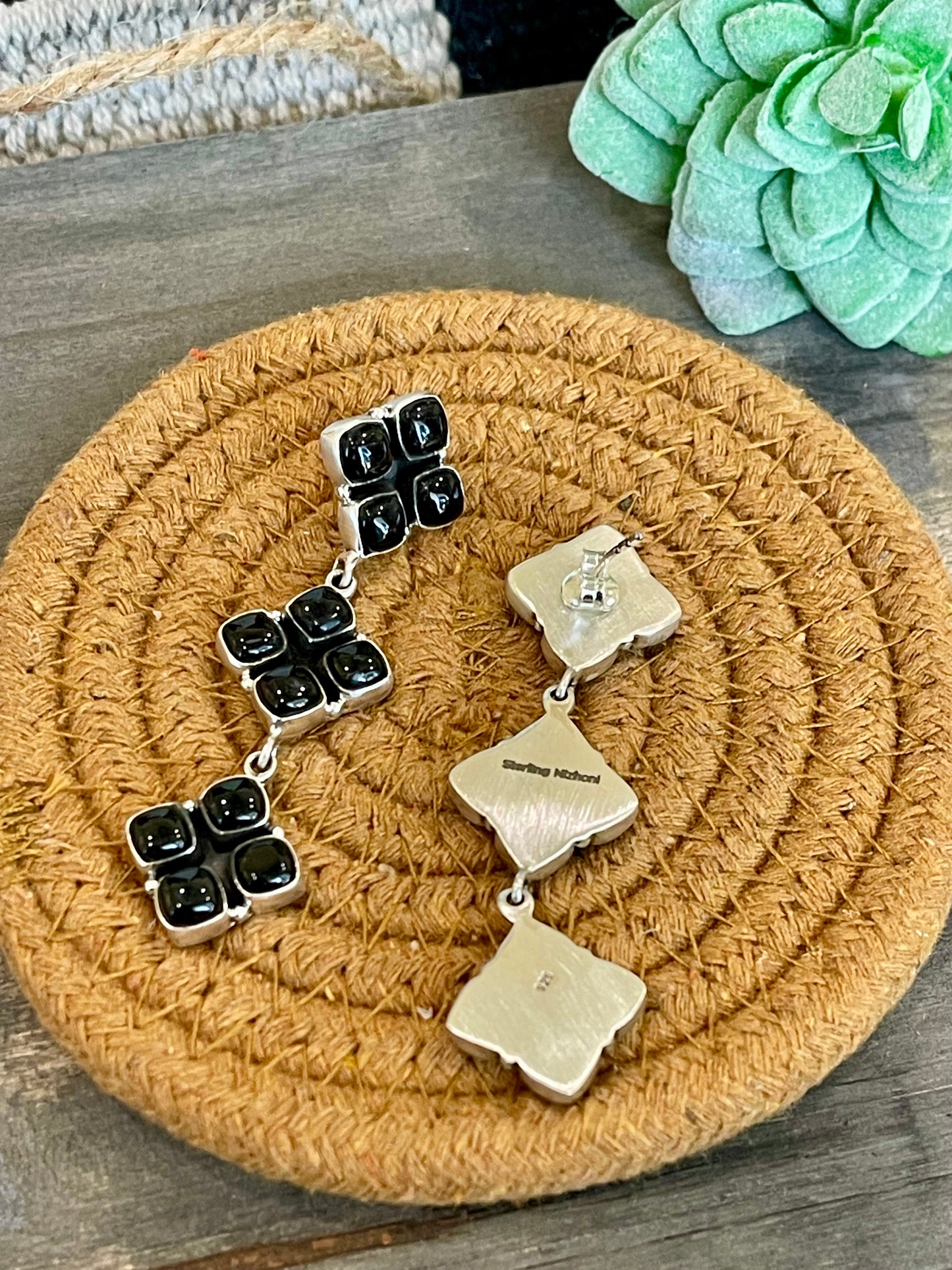 Handmade Onyx, & Sterling Silver Cluster Dangle Earrings Signed Nizhoni