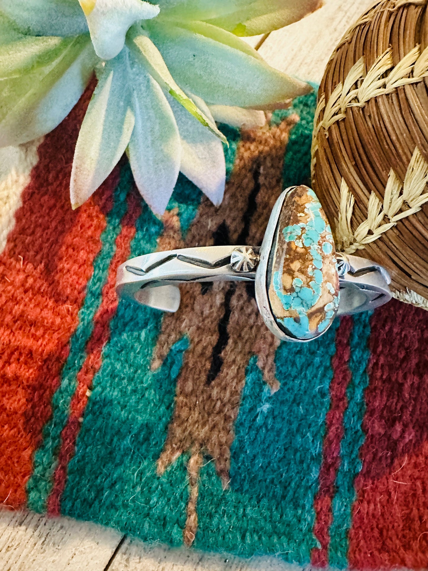 Handcrafted Sterling Silver & Number 8 Turquoise Cuff Bracelet Signed