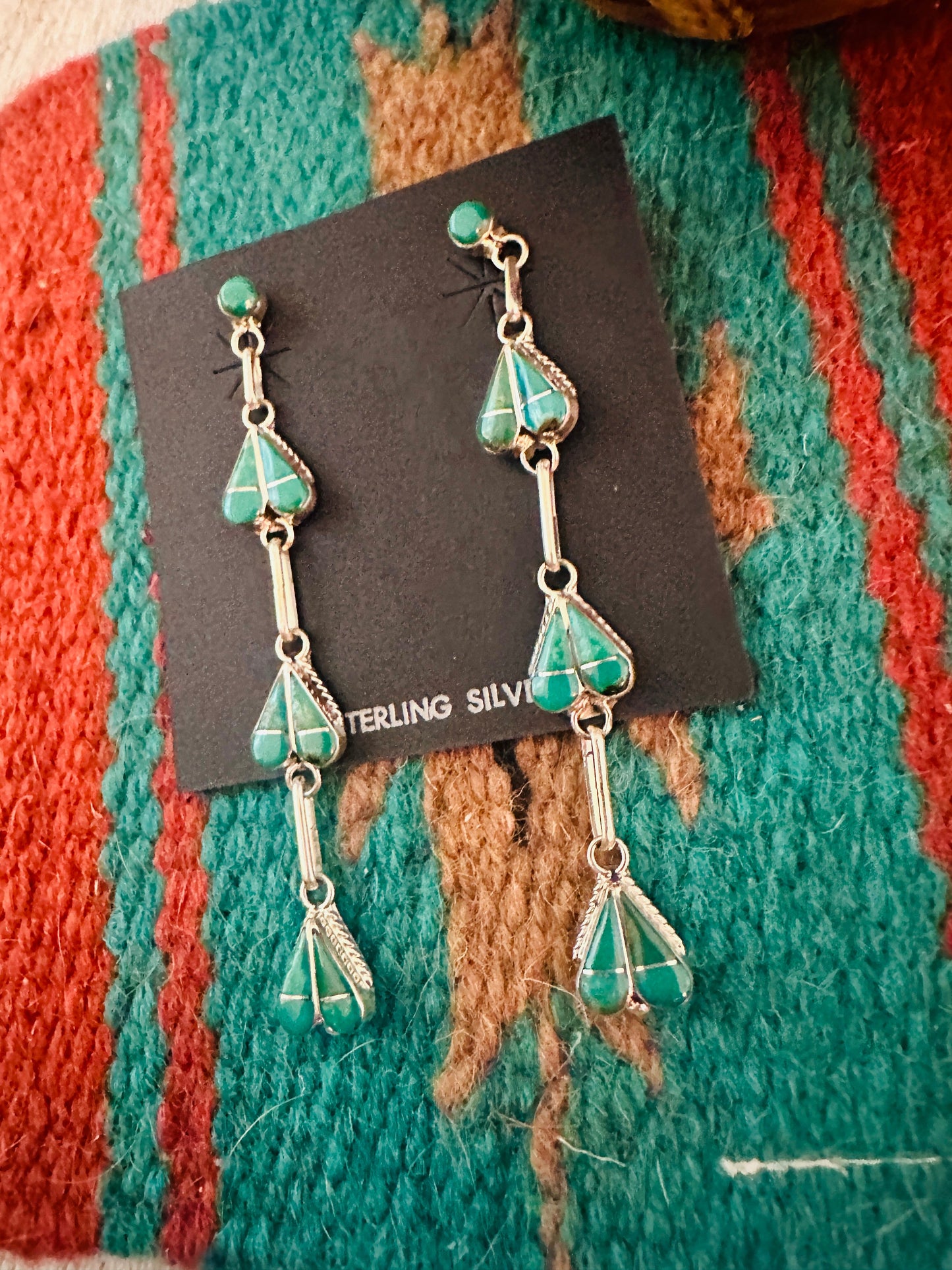 Handcrafted Sterling Silver & Turquoise Inlay Heart Dangle Earrings