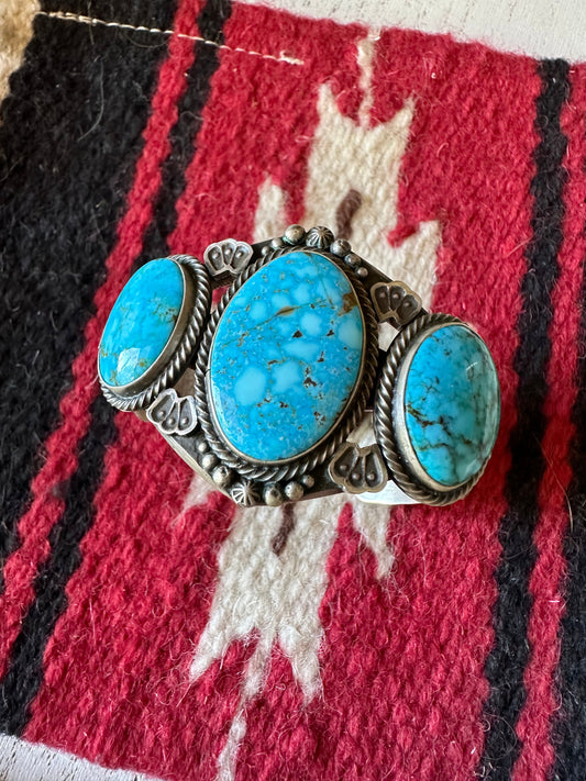 Handcrafted Kingman Turquoise & Sterling Silver 3 Stone Cuff Bracelet Signed S.Tso /