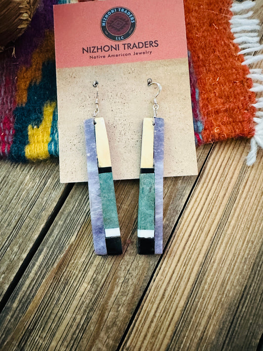 Handcrafted Multi Stone Inlay Slab Dangle Earrings