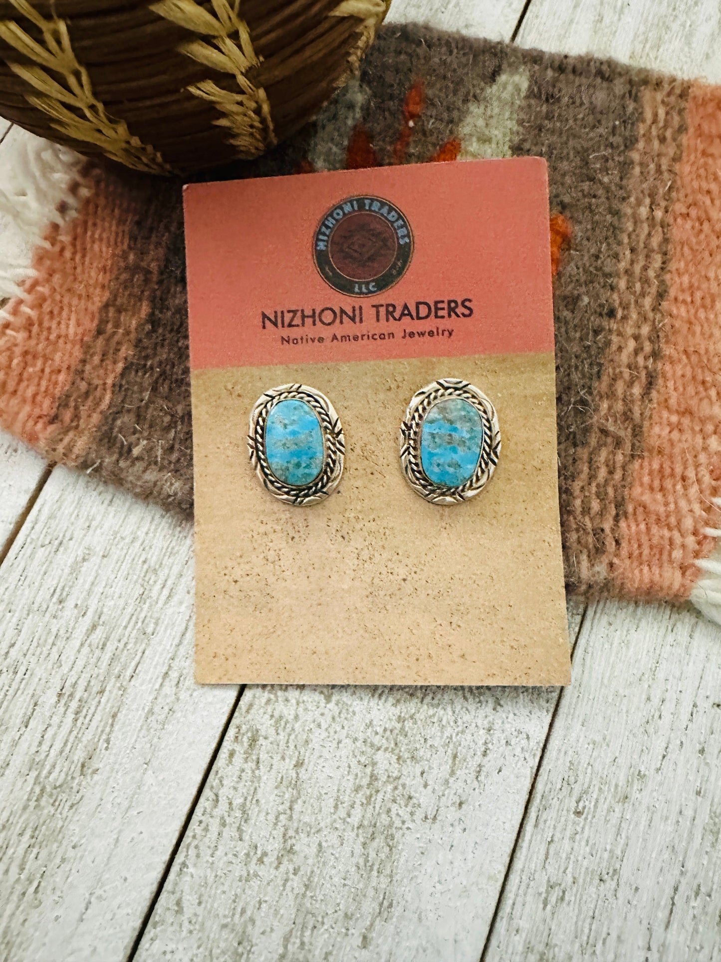 Navajo Kingman Turquoise and Sterling Silver Stud Earrings