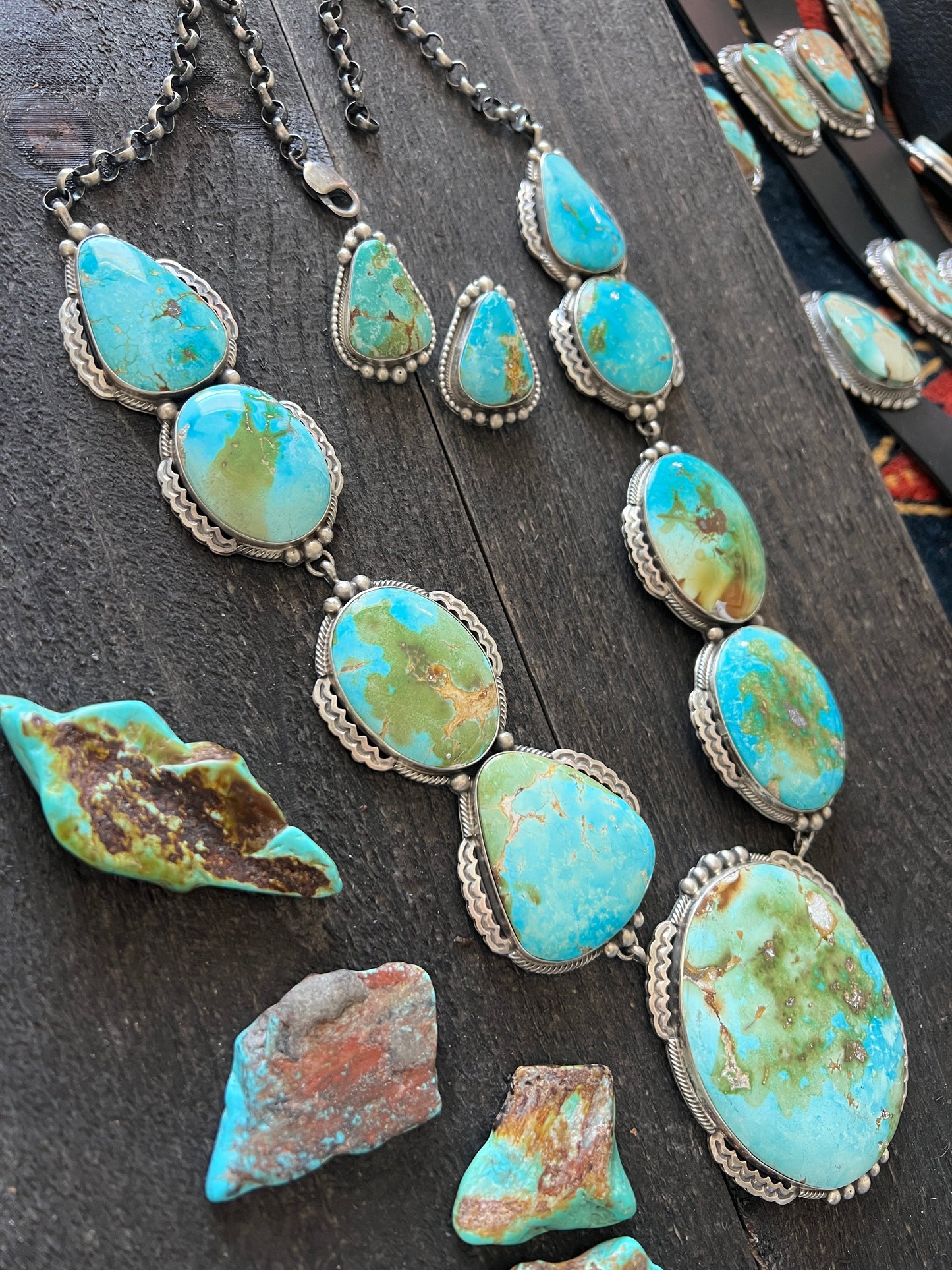 Massive Handcrafted Sterling Silver and Sonoran Mountain Turquoise Statement Necklace with Earrings by Talila Benally