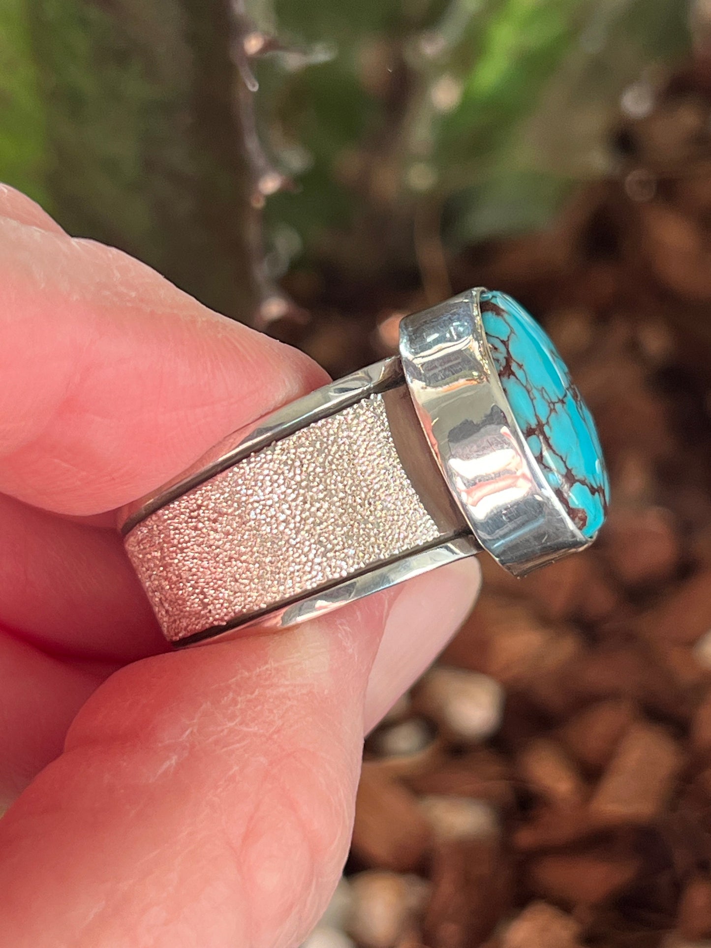Handcrafted Sterling Silver Wide Shank Ring with Egyptian Turquoise by Shaun Rogers, Size 10.75