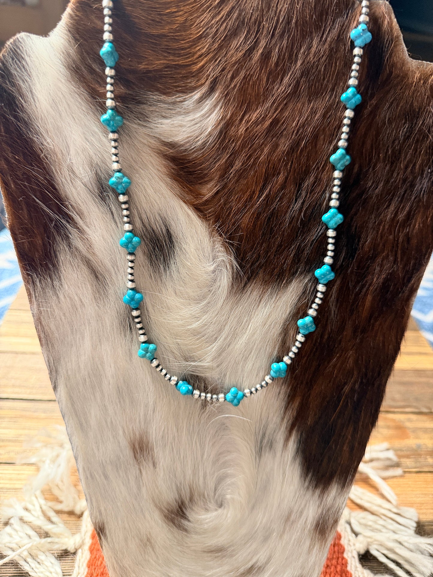 Handcrafted Quatrefoil Shaped Turquoise & Sterling Silver Pearl 20" Beaded Necklace