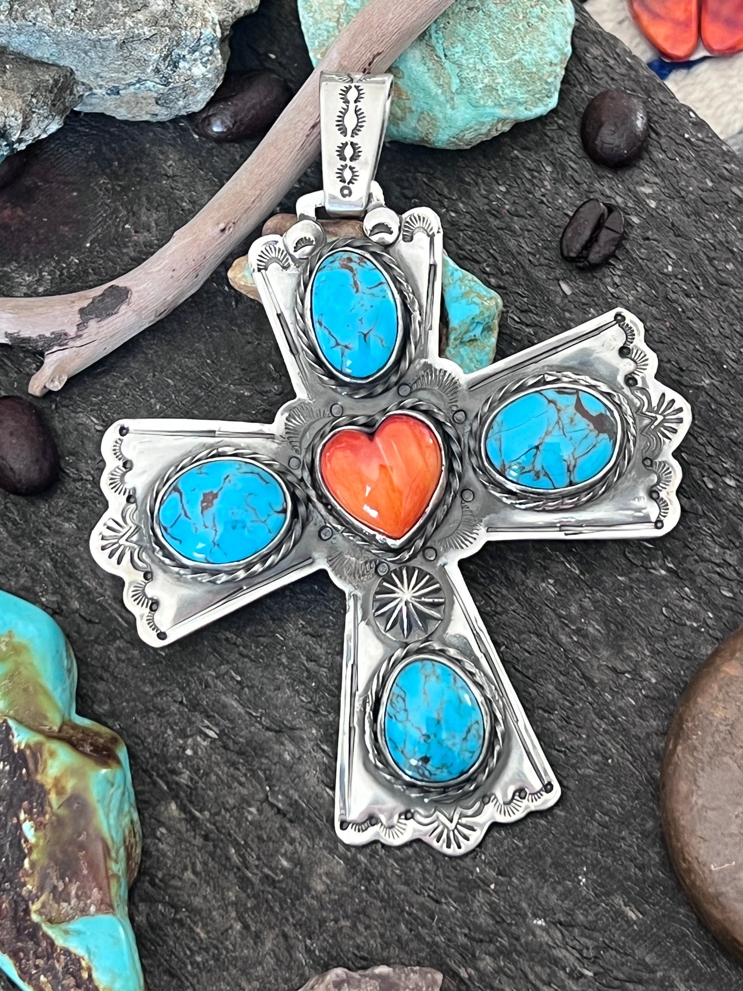 Hand Stamped Sterling Silver, Egyptian Turquoise & Spiny Oyster Cross Pendant by Kimari Somers