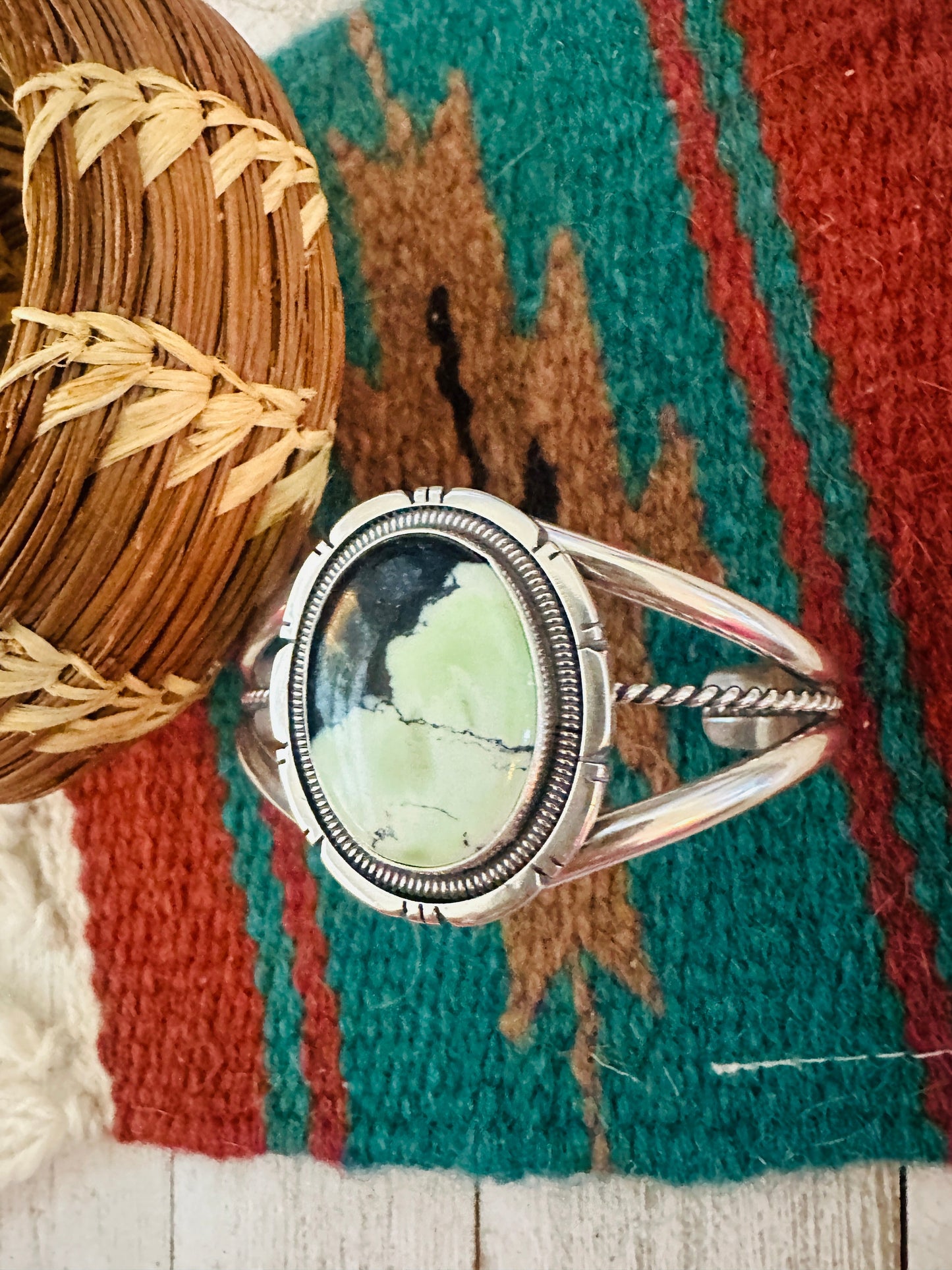 Handcrafted New Lander Turquoise & Sterling Silver Cuff Bracelet by Wydell Billie