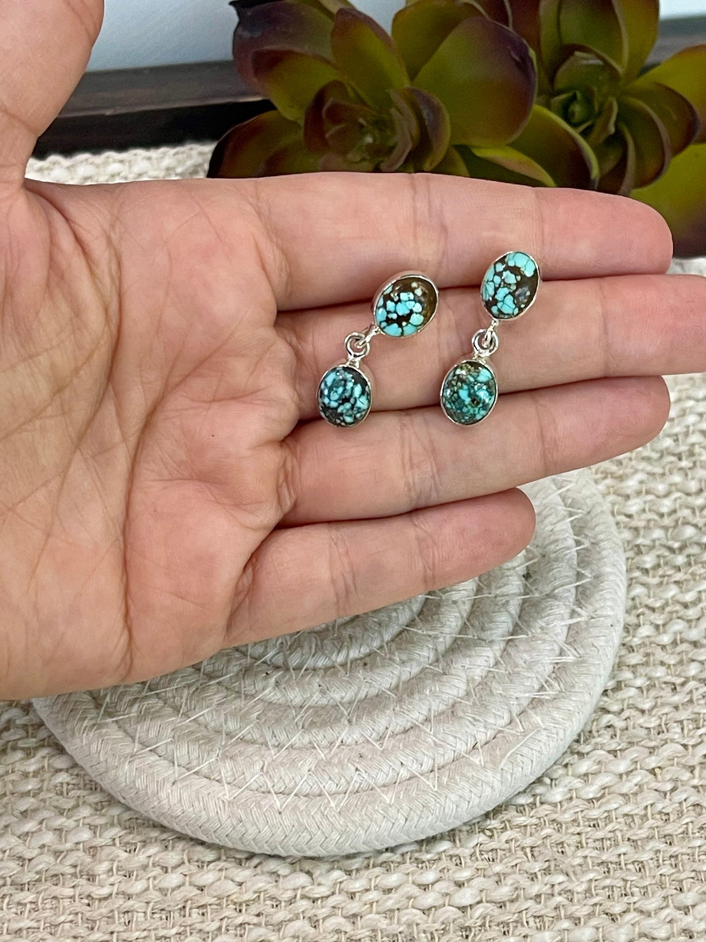 Handmade Sterling Silver Number 8 Turquoise Post Dangle Earrings with Signed Nizhoni