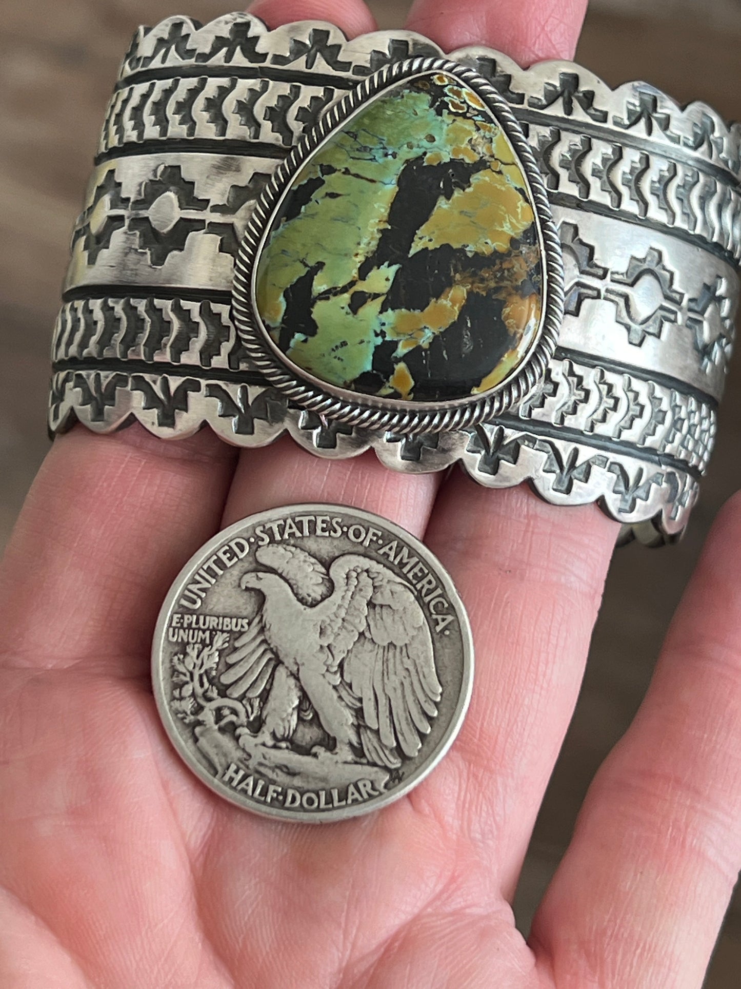 Handcrafted Hand Stamped Sterling Silver and Blackjack Turquoise Cuff Bracelet by Randy Boyd