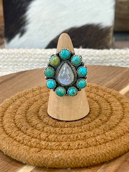Handcrafted Sterling Silver, Moonstone & Kingman Turquoise Adjustable Ring