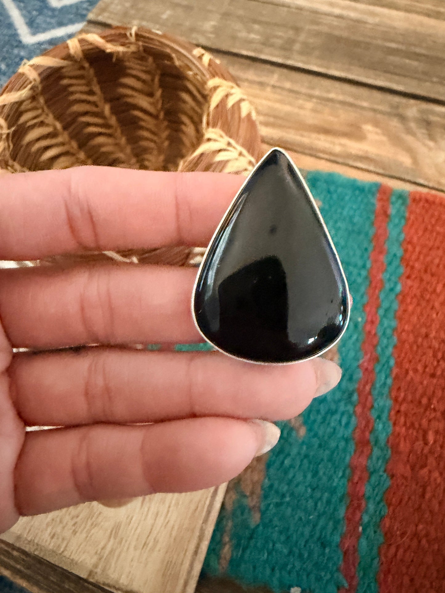 Handcrafted Black Onyx & Sterling Silver Ring Size 9.5