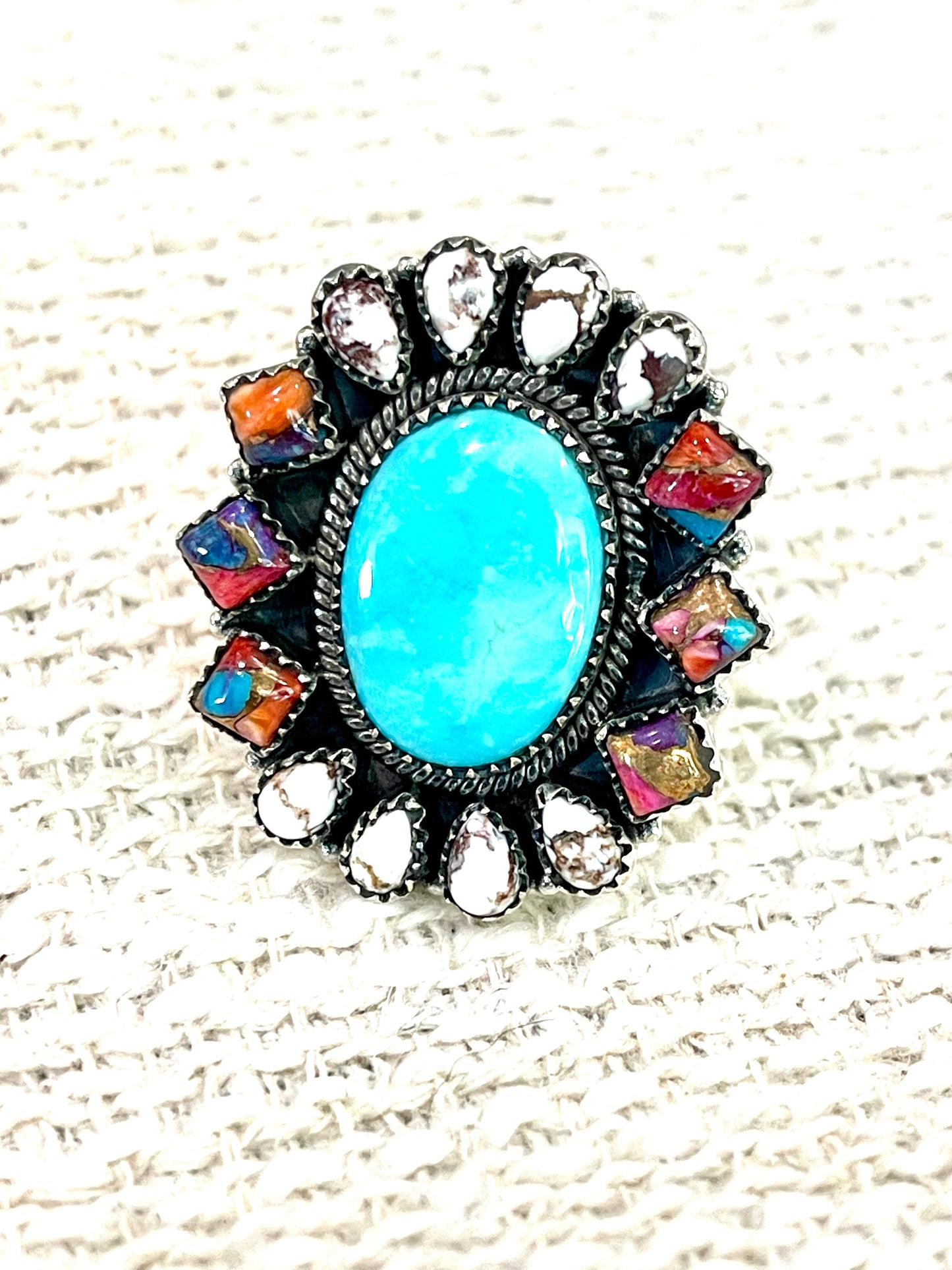 Handcrafted Sterling Silver & Multi Stone Adjustable Cluster Ring