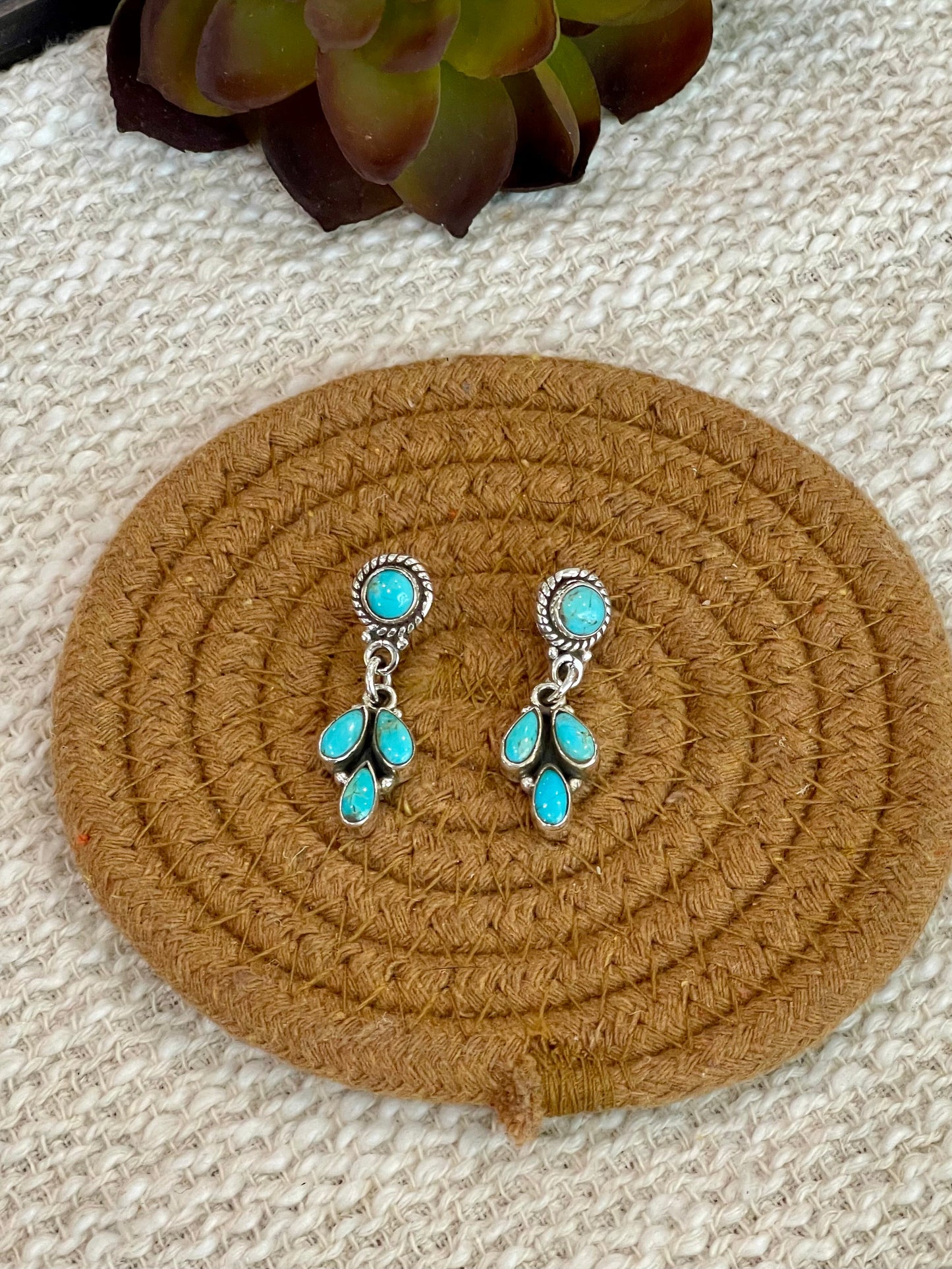 Handmade Sterling Silver Kingman Turquoise Post Dangle Earrings with Signed Nizhoni