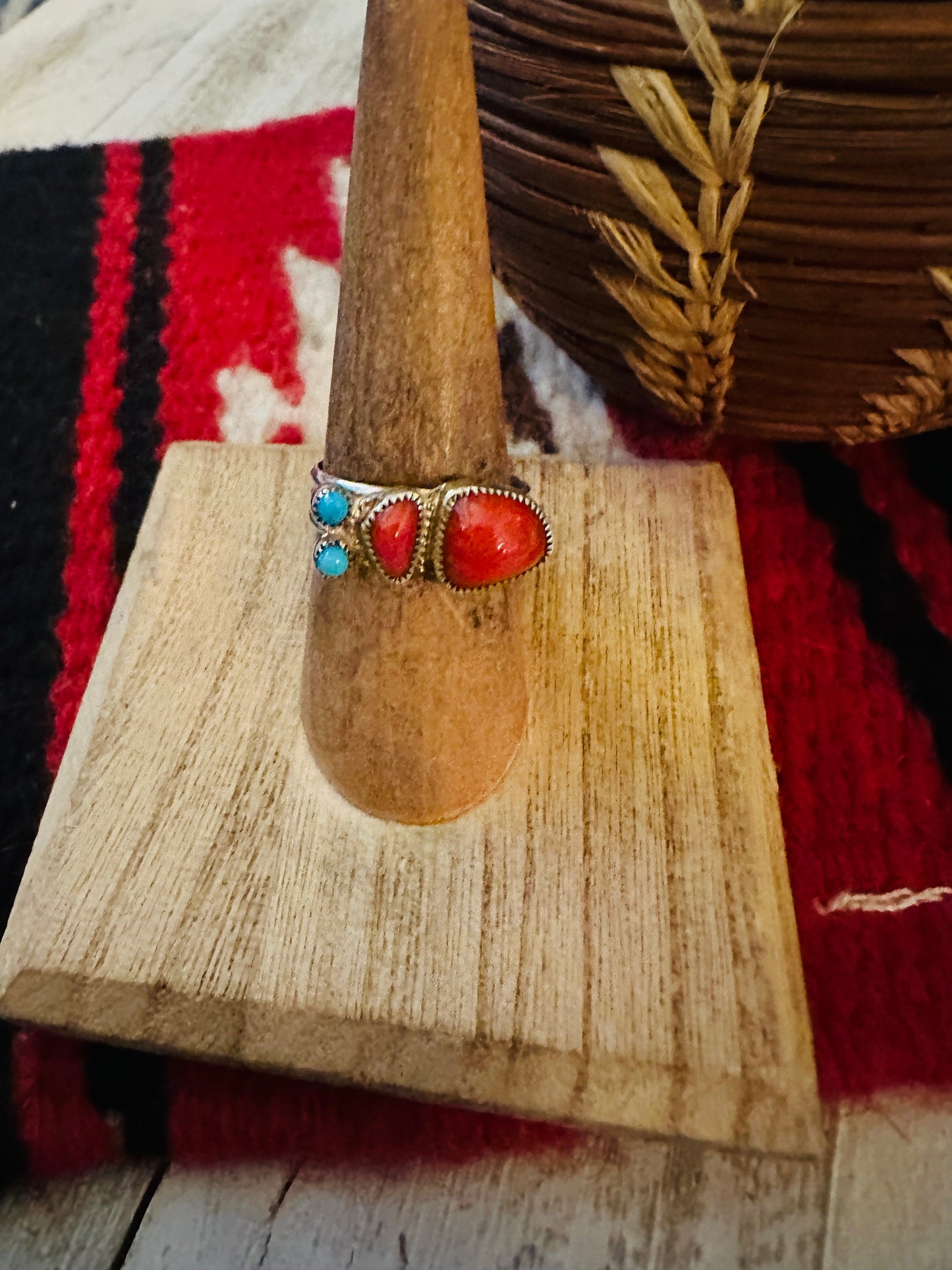 Handcrafted Coral, Turquoise & Sterling Silver Inlay Ring Size 7