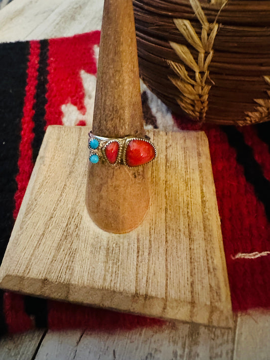 Handcrafted Coral, Turquoise & Sterling Silver Inlay Ring Size 7