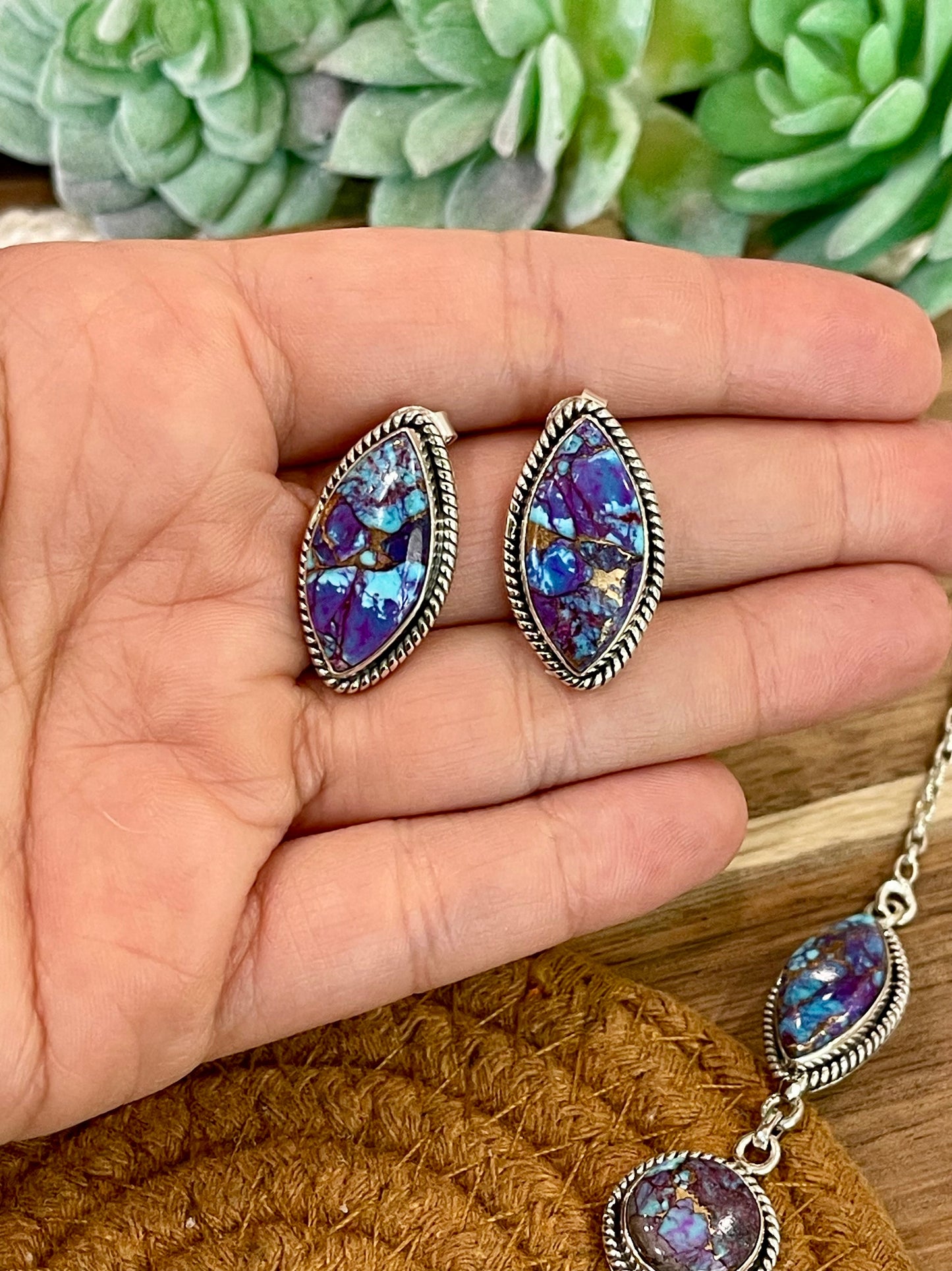 Handmade Sterling Silver & Purple Dream Mojave Necklace And Earrings Set Signed Nizhoni