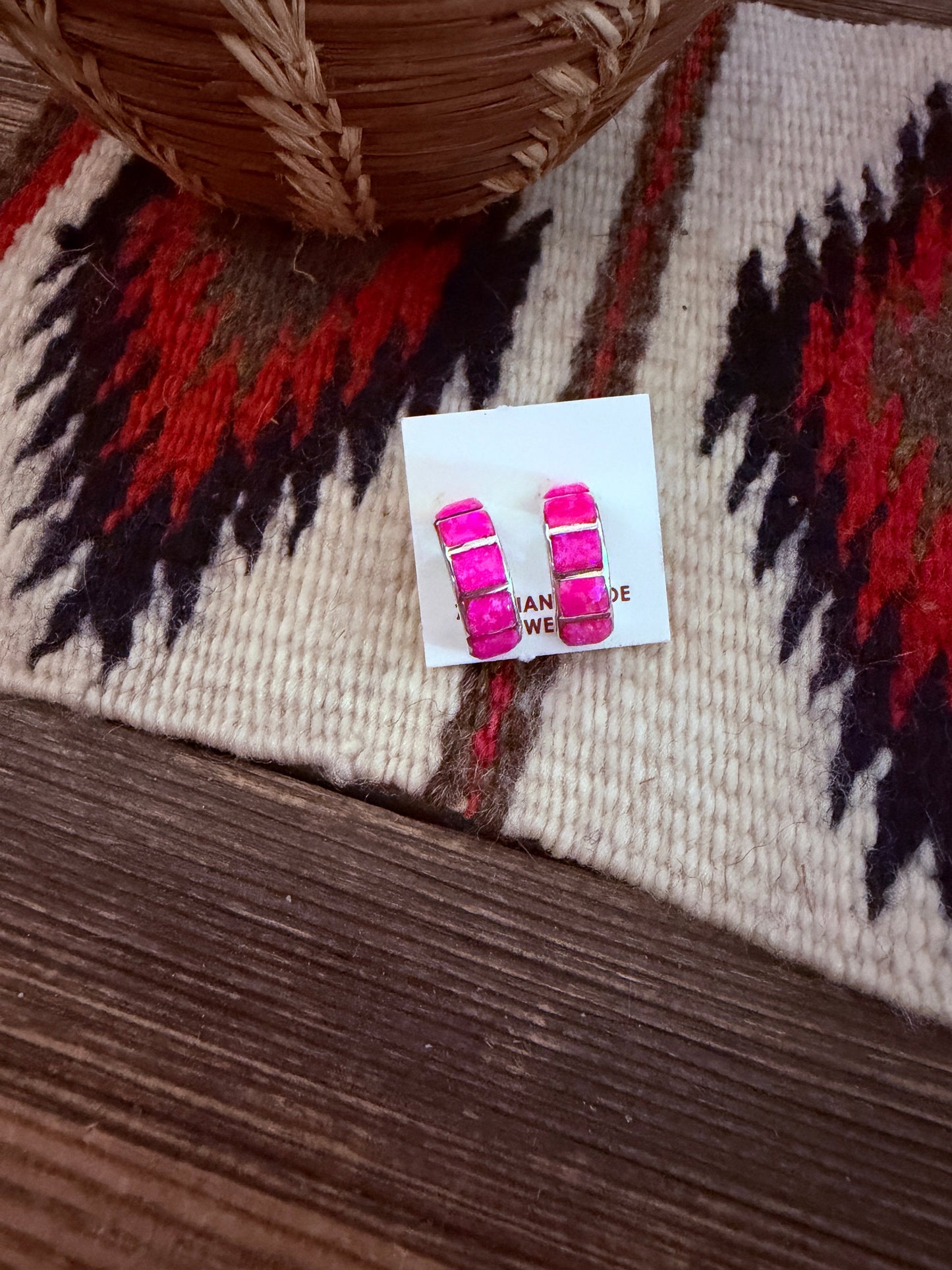 Handcrafted Sterling Silver & Pink Opal Inlay Hoop Earrings