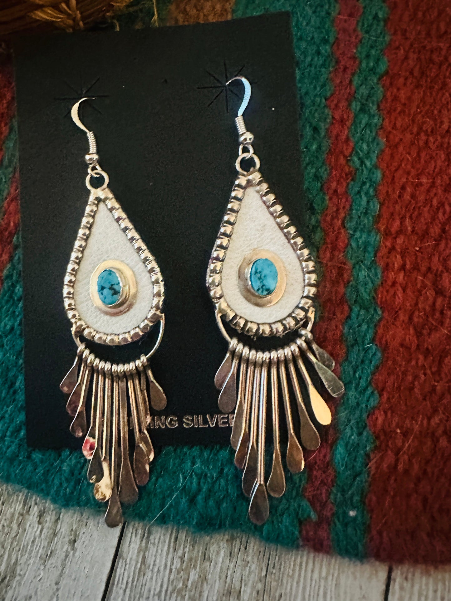 Handcrafted Turquoise & Sterling Silver Leather Chandelier Dangle Earrings