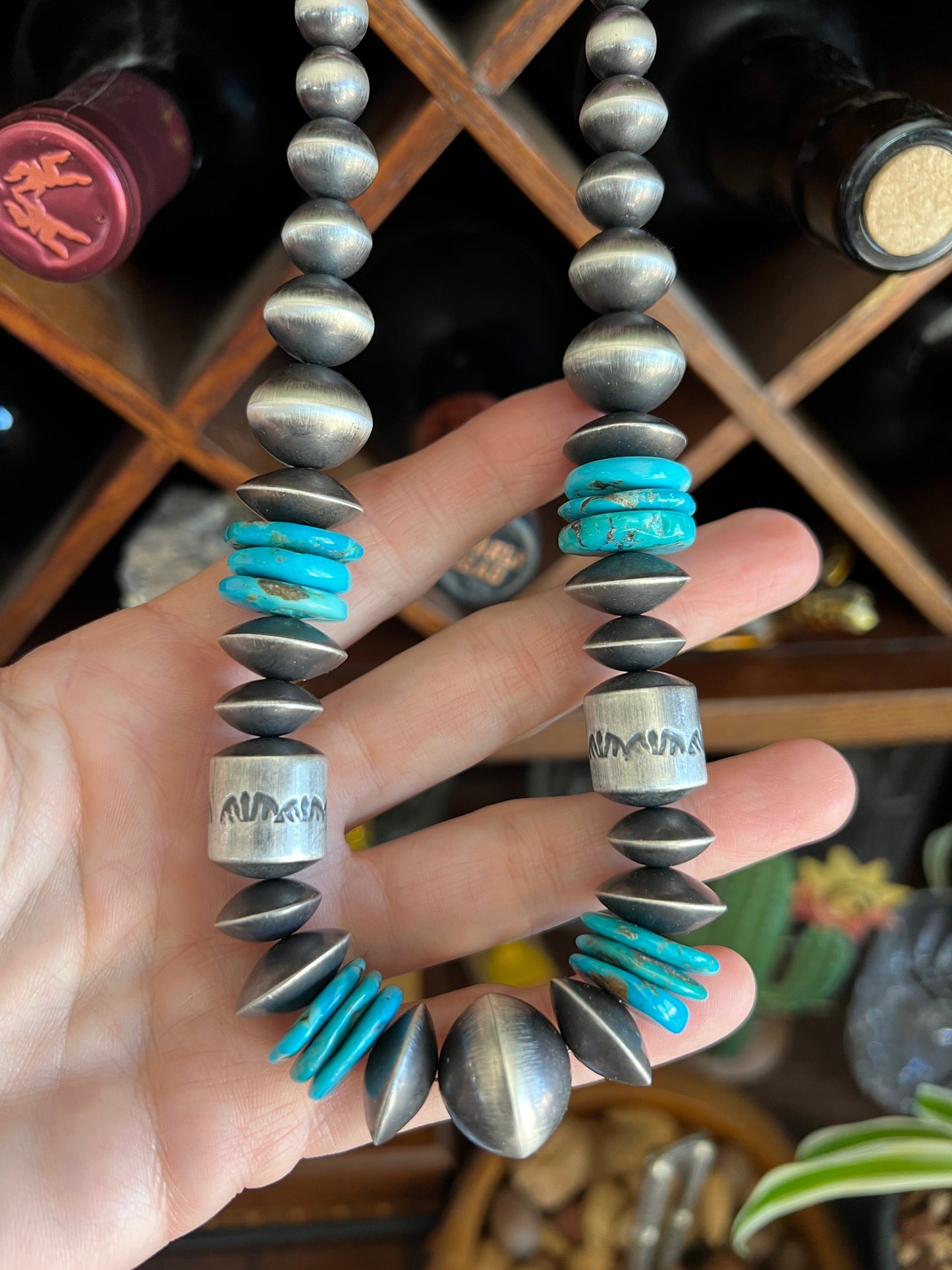 Handcrafted Sterling Silver and Kingman Turquoise Beaded Necklace by Rose Martin, 18 Inches