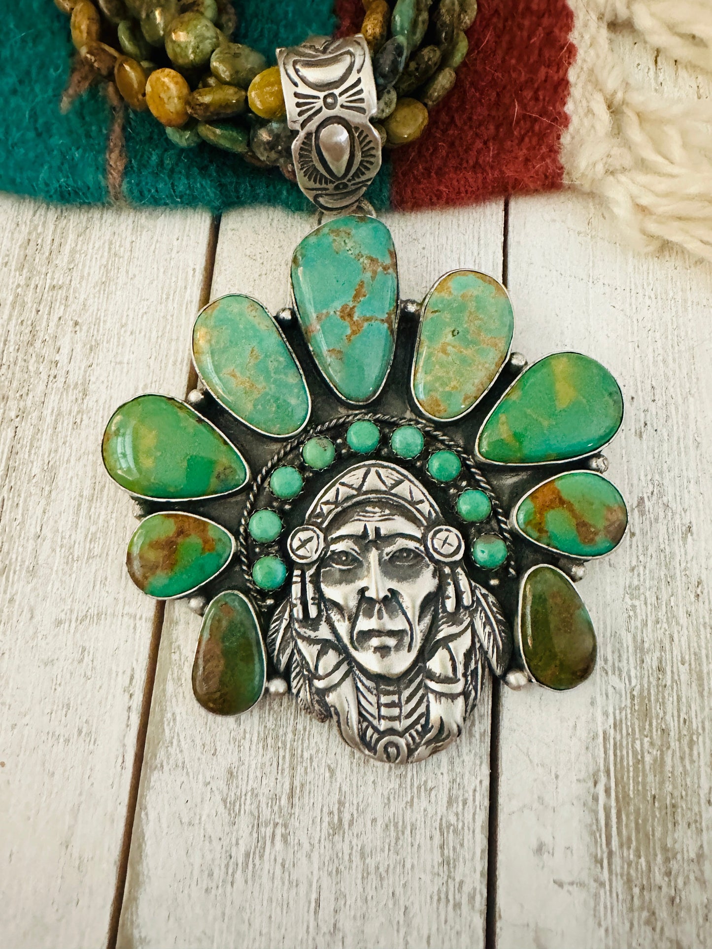 Stunning Handcrafted Sterling Silver & Royston Turquoise Indian Chief Beaded Necklace