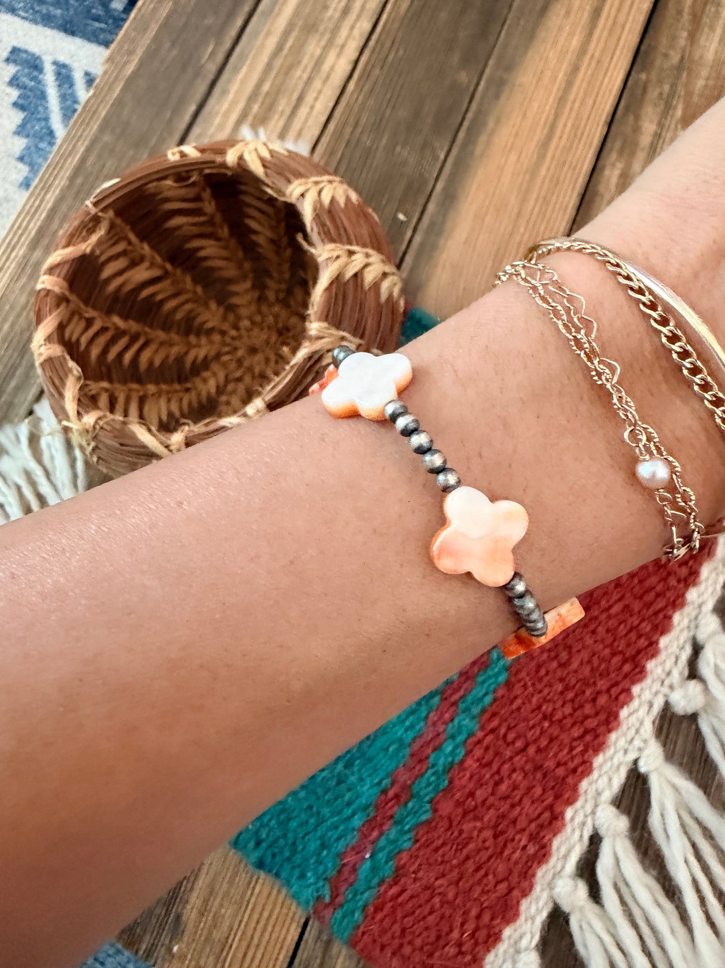 Handcrafted Spiny Oyster & Sterling Silver Pearl Cross Beaded Stretch Bracelet