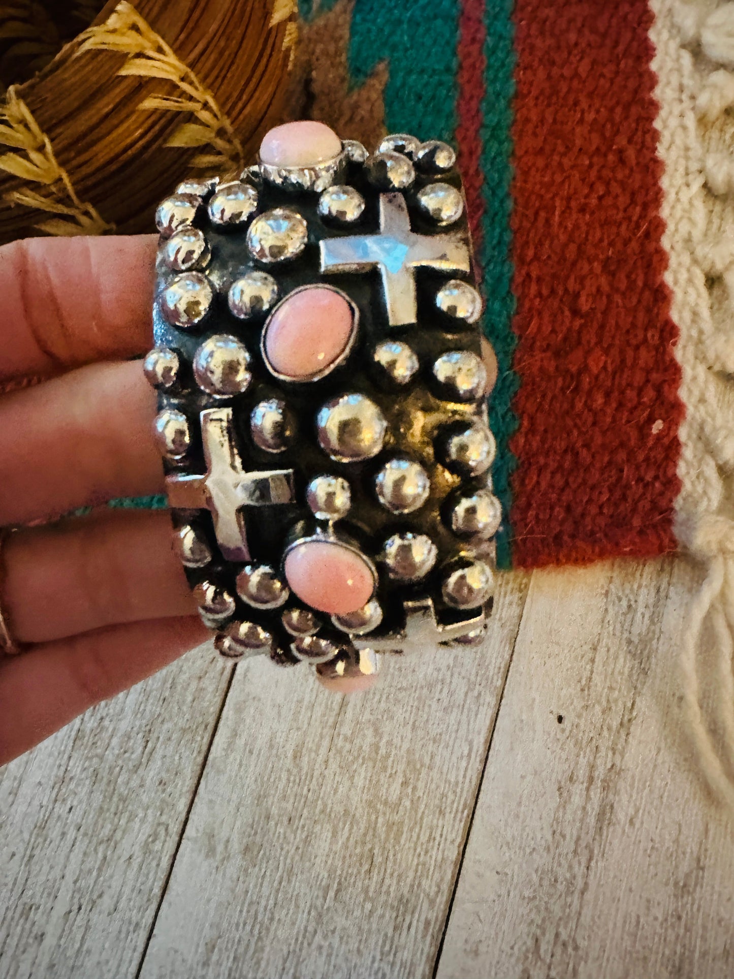 Handcrafted Sterling Silver & Queen Pink Conch Cross Cuff Bracelet By Chimney Butte /
