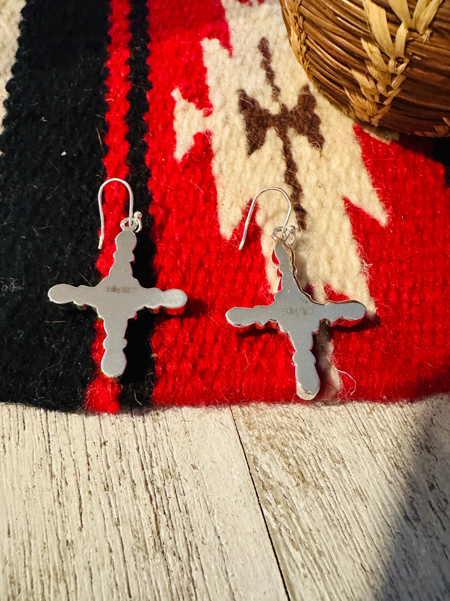 Handmade Opal & Sterling Silver Cross Dangle Earrings Signed Nizhoni