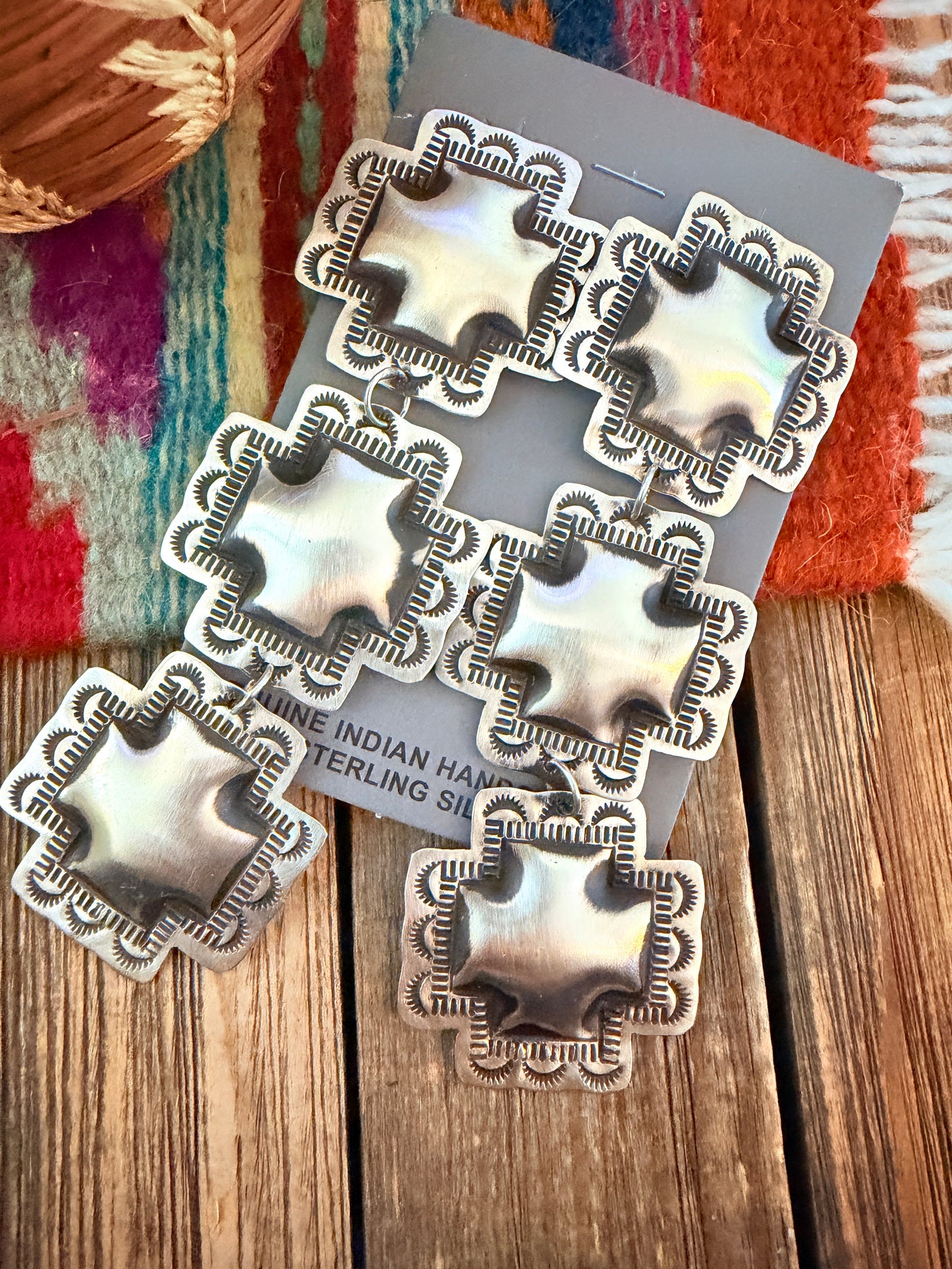 Handcrafted Sterling Silver Concho Cross Dangle Earrings by Leander Tahe