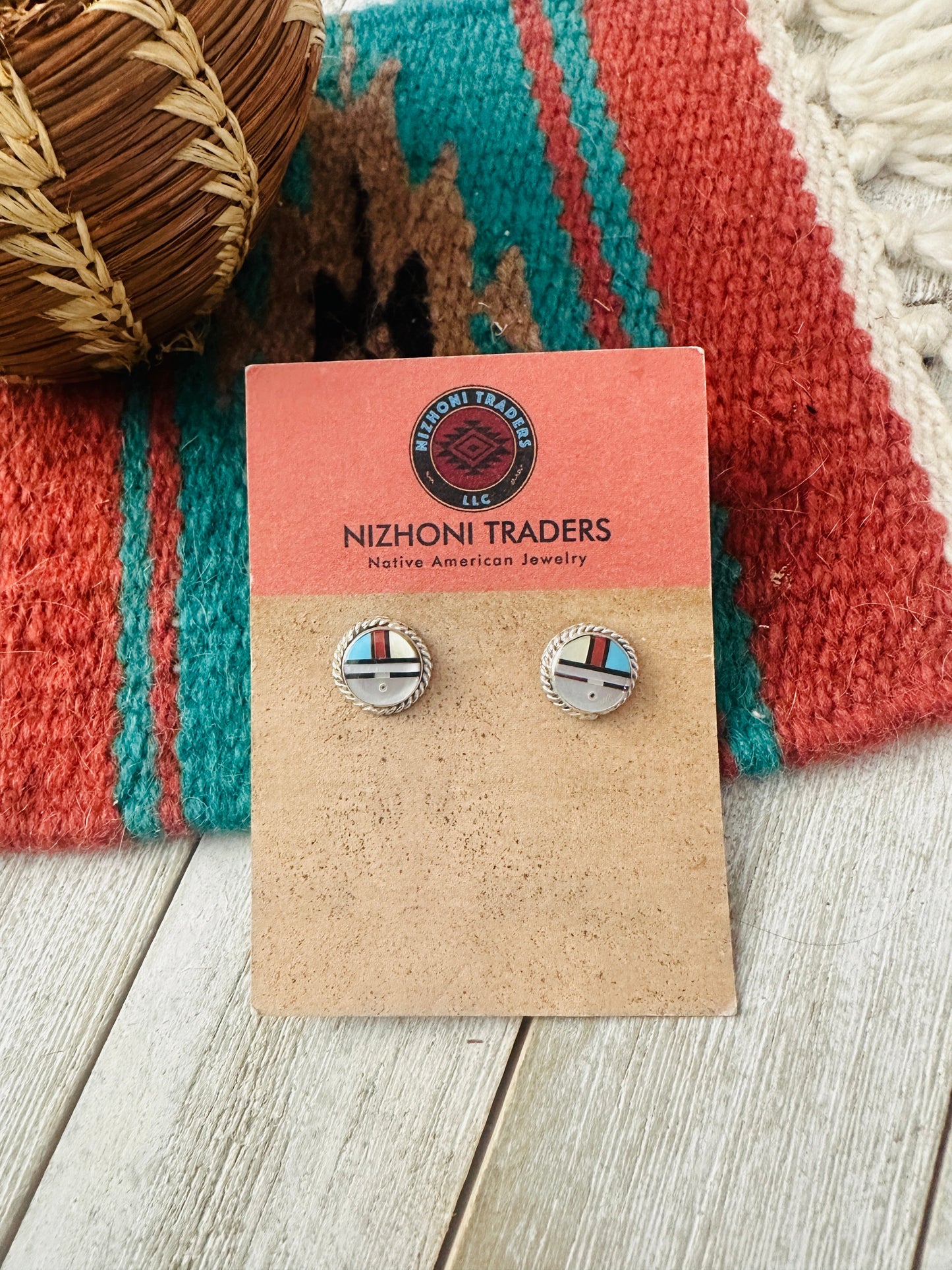 Handcrafted Multi Stone & Sterling Silver Inlay Sun Face Stud Earrings