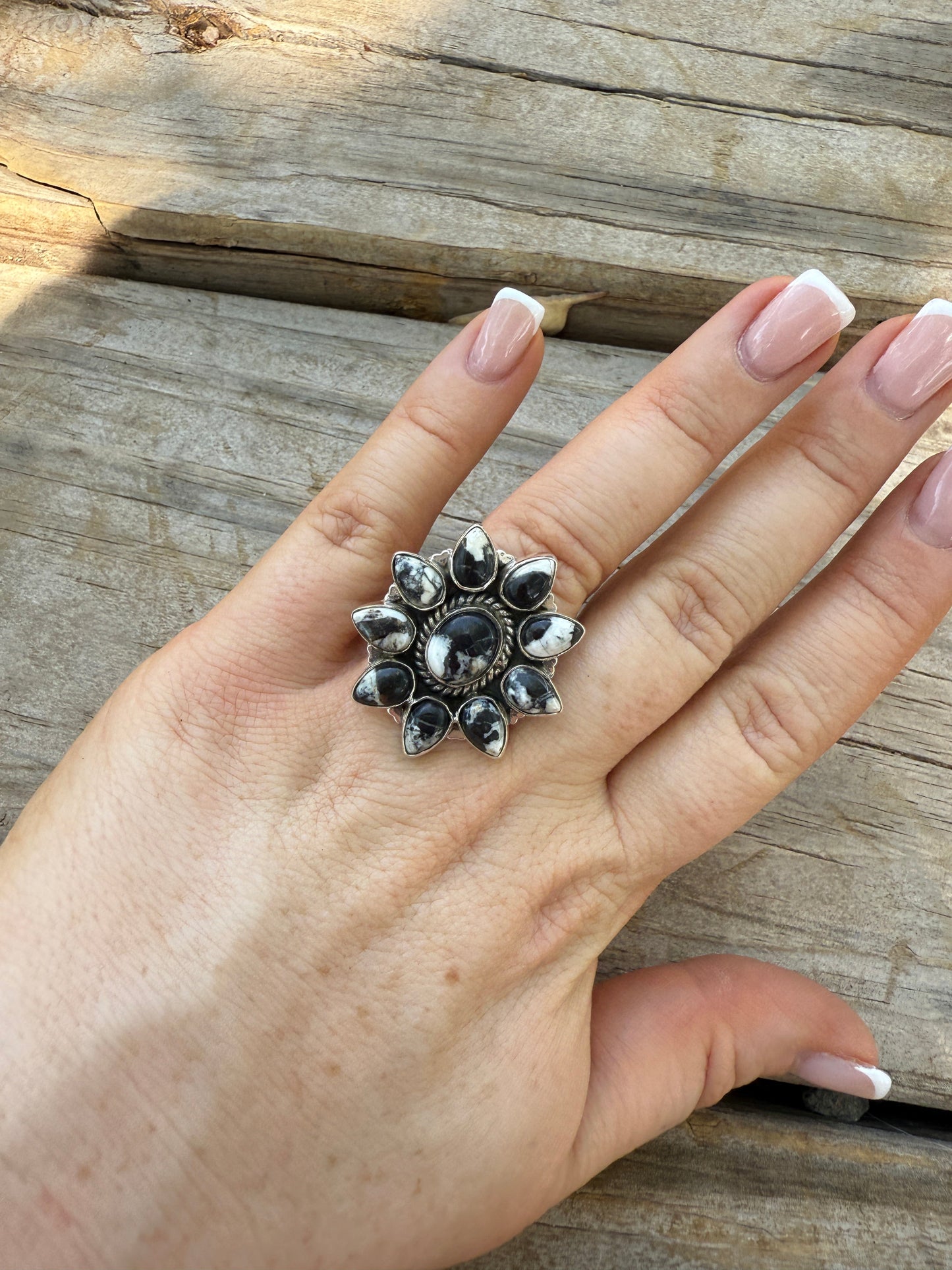 Handmade White Buffalo & Sterling Adjustable Cluster Ring