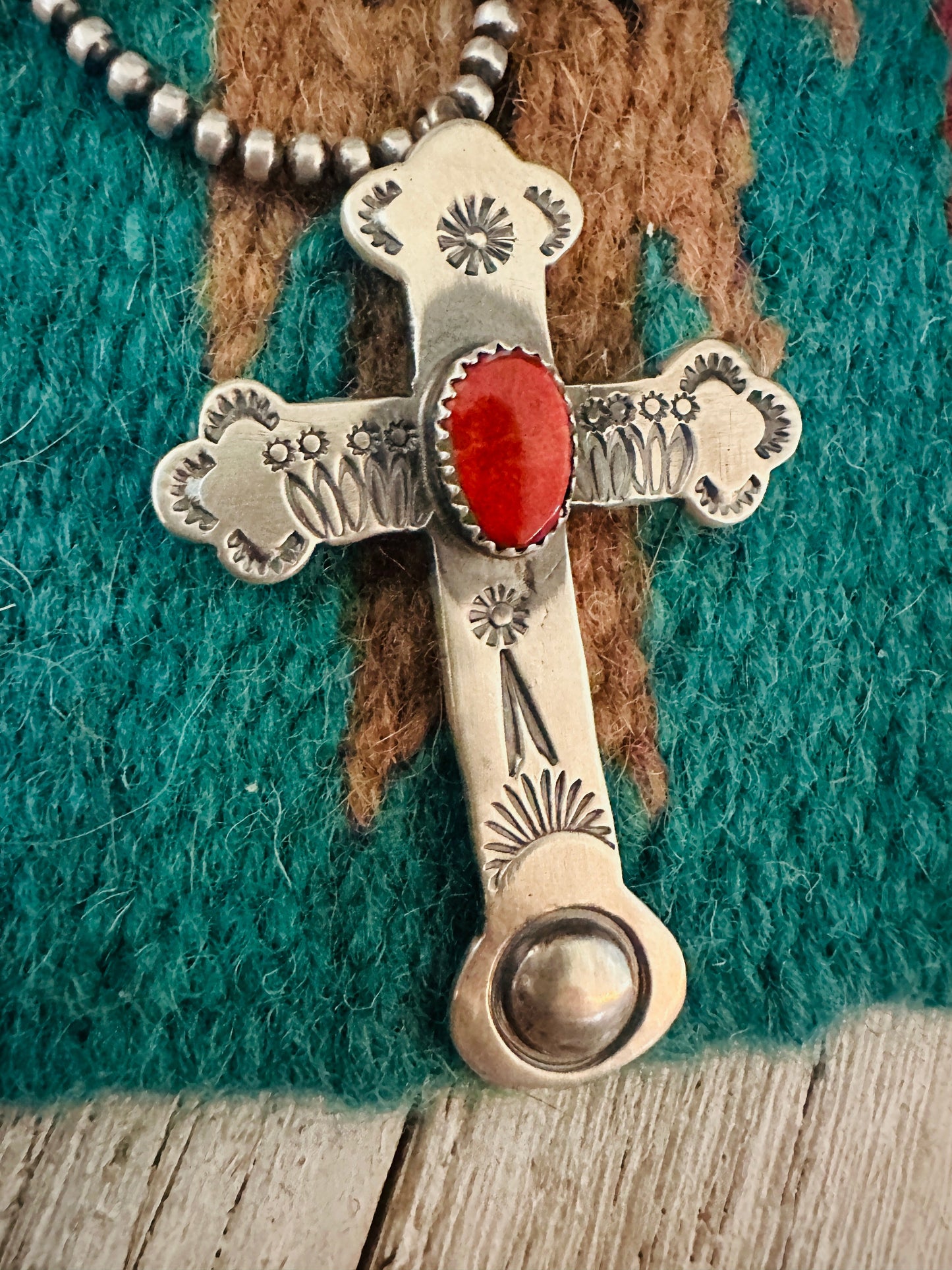 Handcrafted Red Spiny & Sterling Silver Cross Pendant