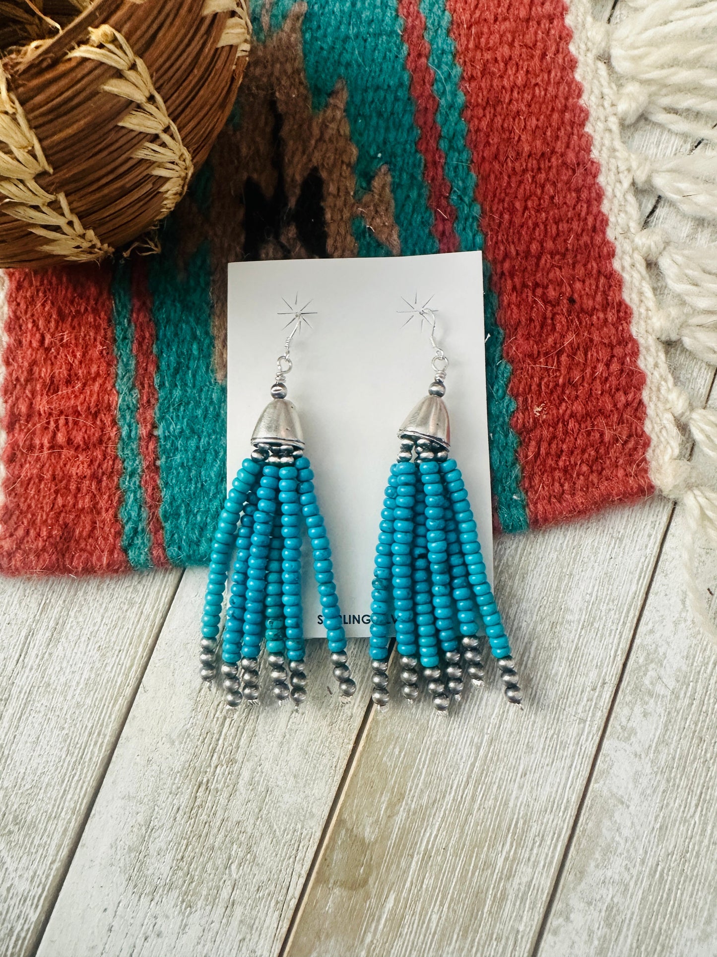 Handcrafted Darker Turquoise & Sterling Silver Pearl Beaded Tassel Dangle Earrings