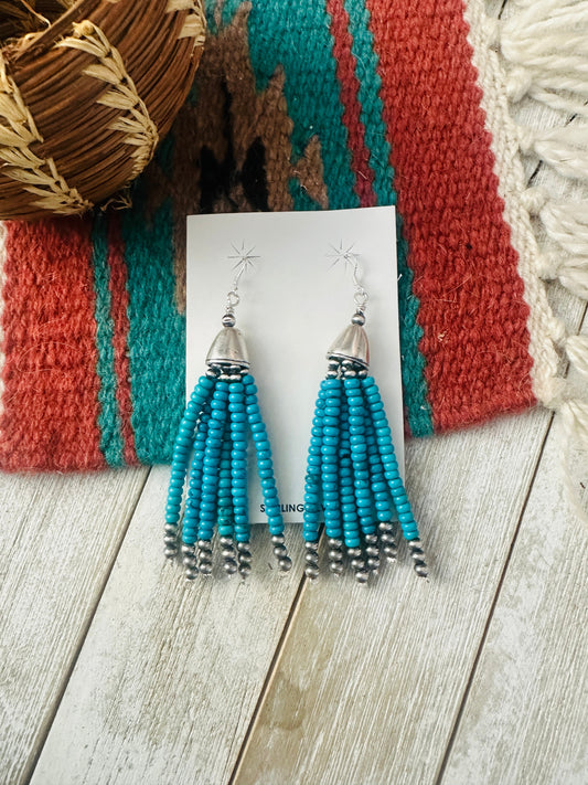 Handcrafted Darker Turquoise & Sterling Silver Pearl Beaded Tassel Dangle Earrings