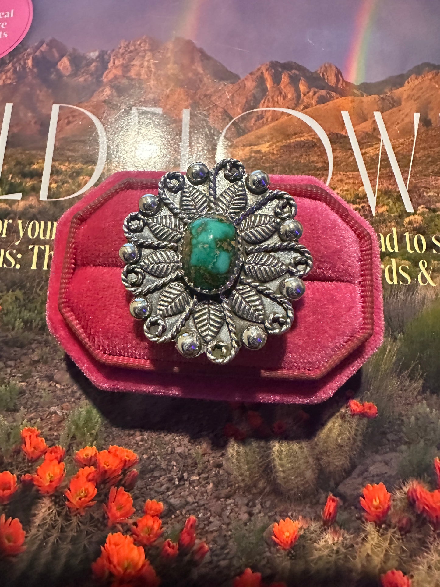 Handmade Sterling Silver Sonoran Mountain Turquoise Adjustable FLOWER Ring Signed Nizhoni