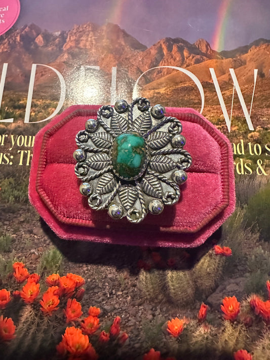 Handmade Sterling Silver Sonoran Mountain Turquoise Adjustable FLOWER Ring Signed Nizhoni