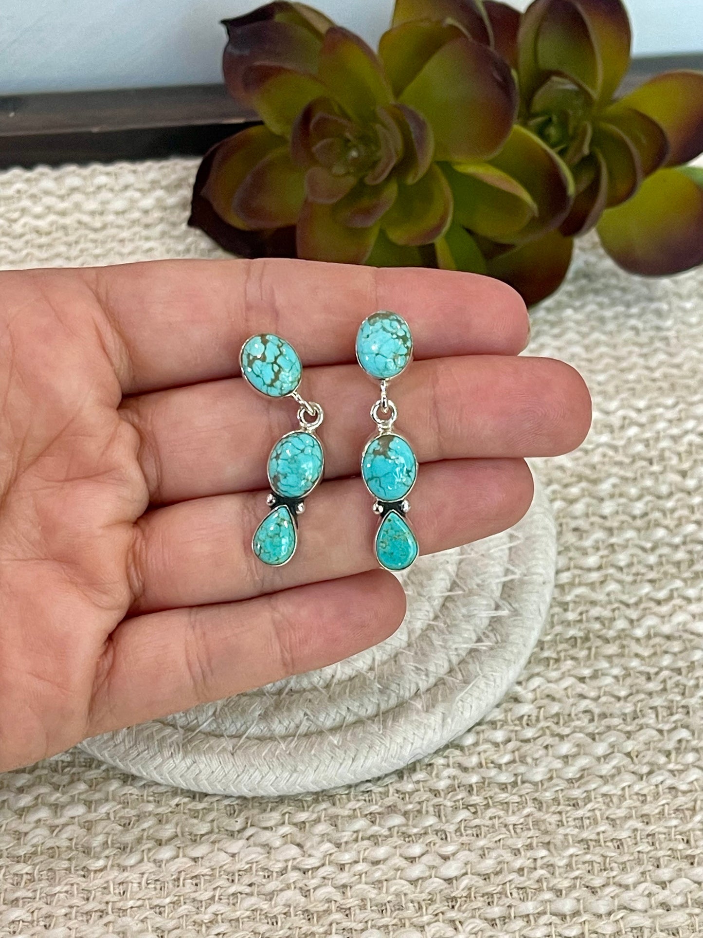 Handmade Sterling Silver Number 8 Turquoise Post Dangle Earrings with Signed Nizhoni