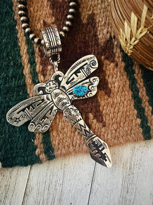 Handcrafted Turquoise & Sterling Silver Dragonfly Pendant Signed Richard Singer