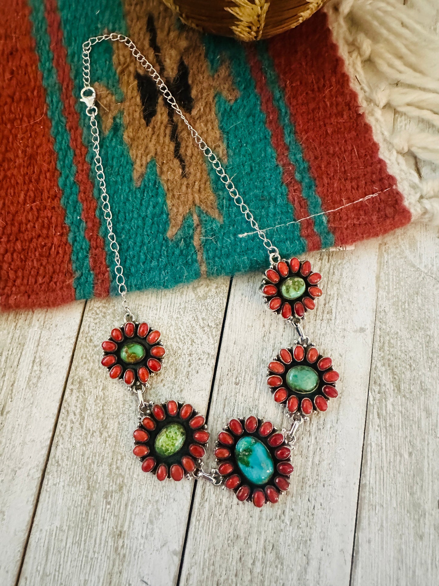 ** Christmas Collection ** Handmade Sterling Silver, Sonoran Mountain Turquoise & Coral Necklace Signed Nizhoni