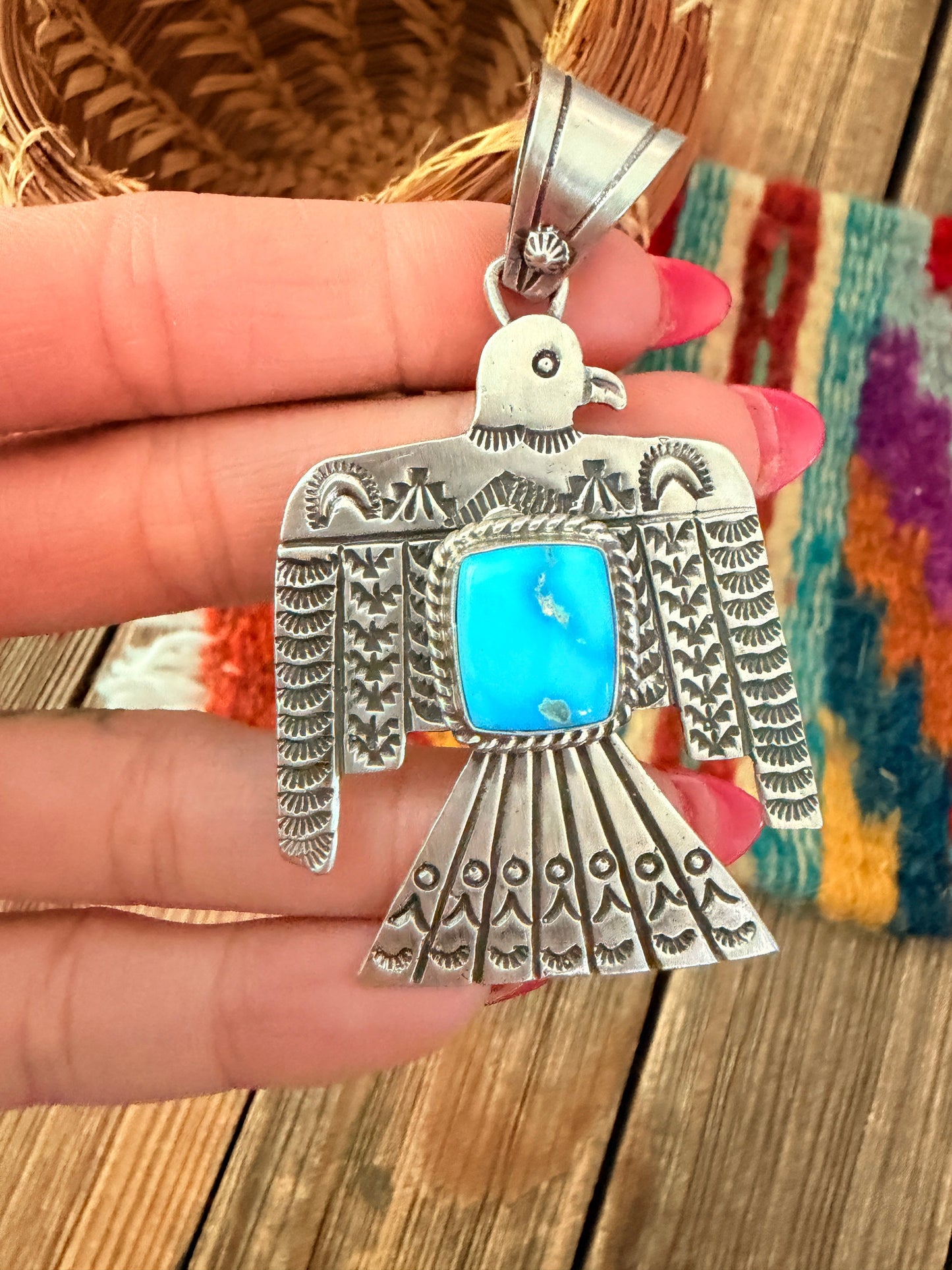 Handcrafted Sterling Silver & Turquoise Thunderbird Pendant by Leroy James