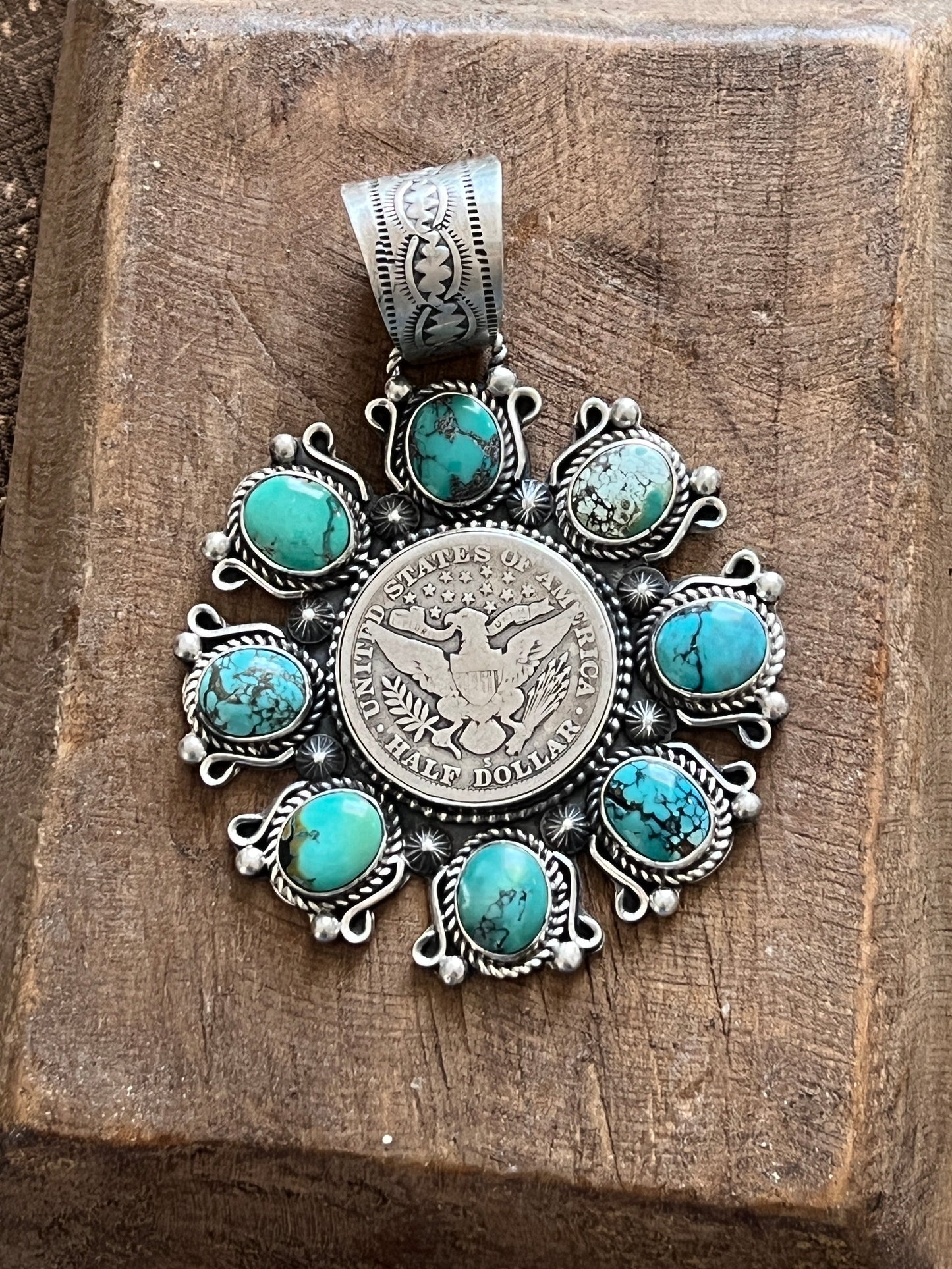 Rosella Paxson Hubei Turquoise and Barber Half Dollar Cluster Pendant