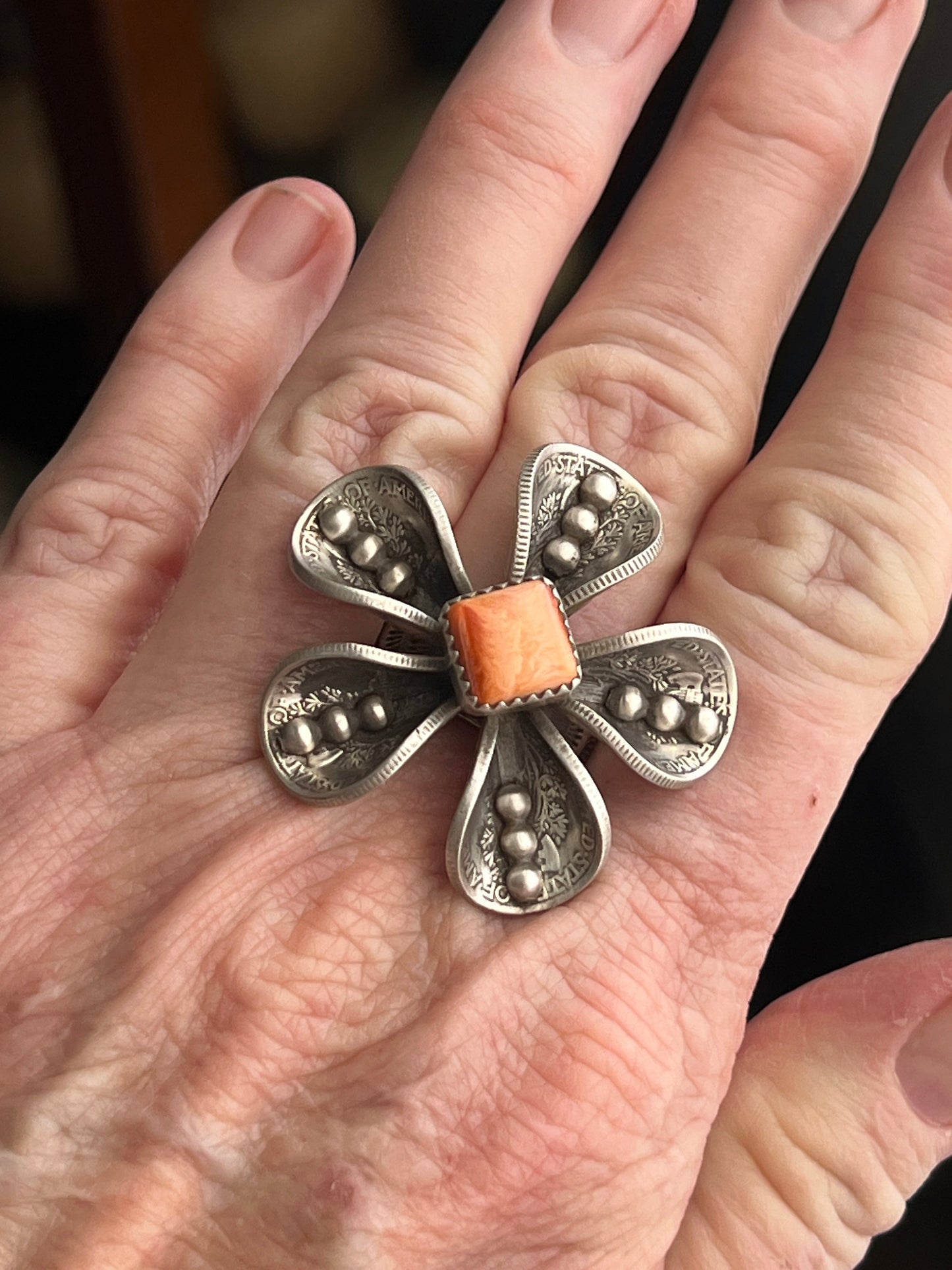 Handcrafted Sterling and Coin Silver Mercury Dime Flower Ring with Orange Spiny Oyster by James Begay, Adjustable