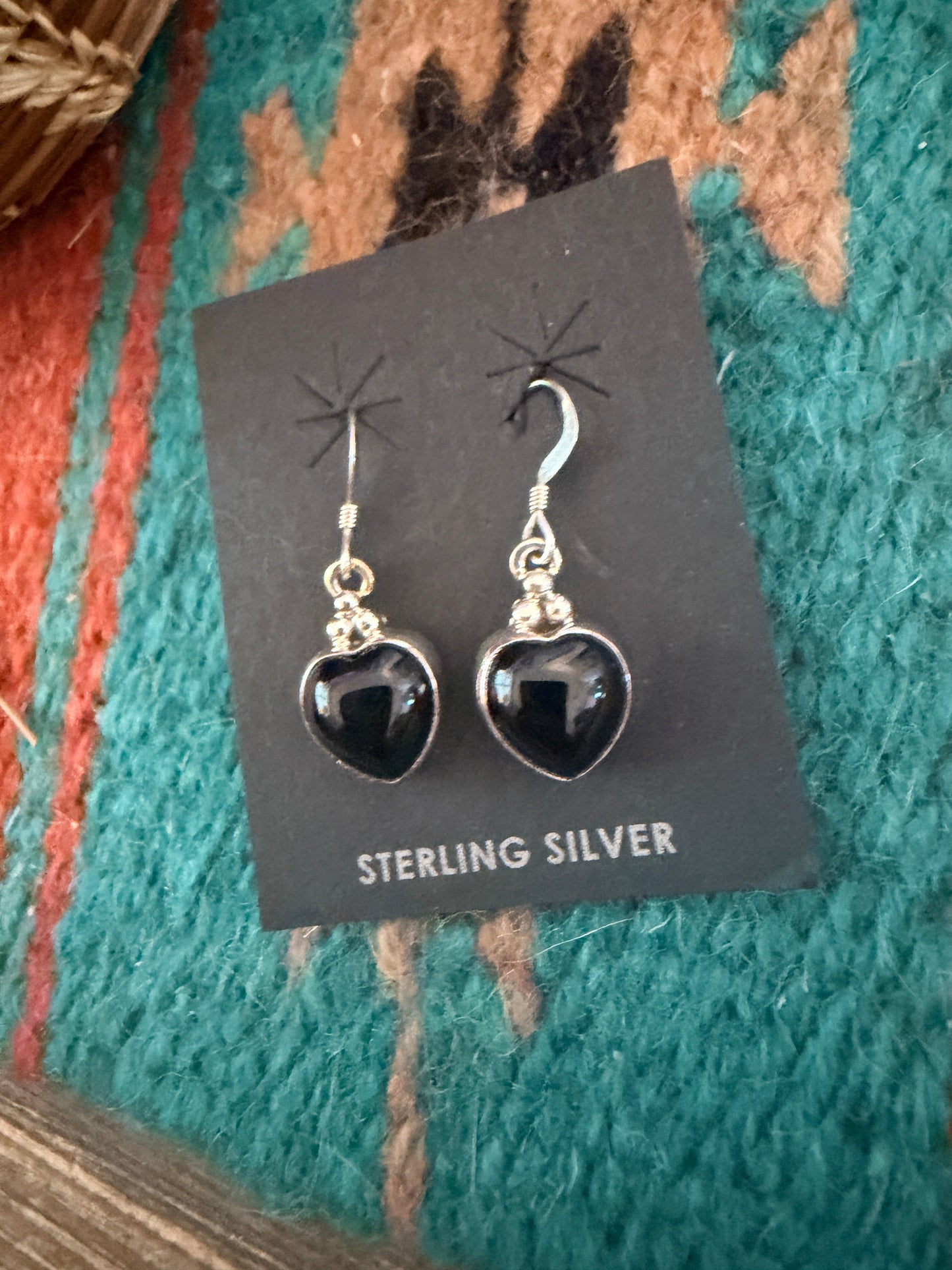 Handcrafted Black Onyx & Sterling Silver Heart Dangle Earrings